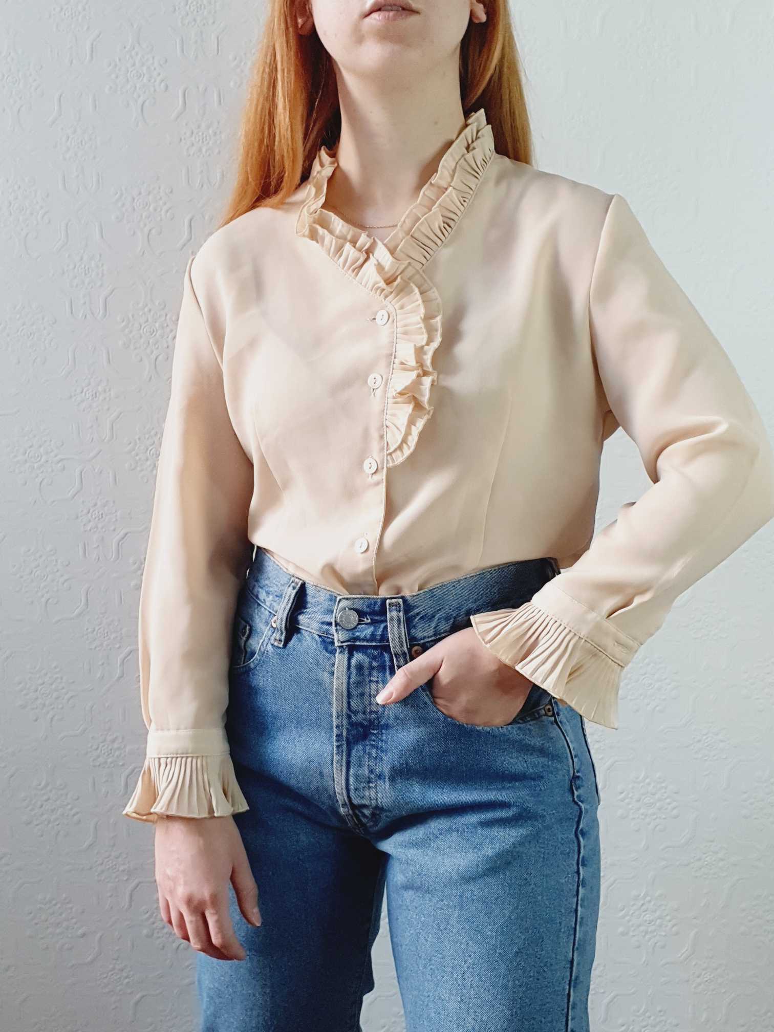 Vintage Beige Ruffle Collar Blouse - XS/S - Image 5