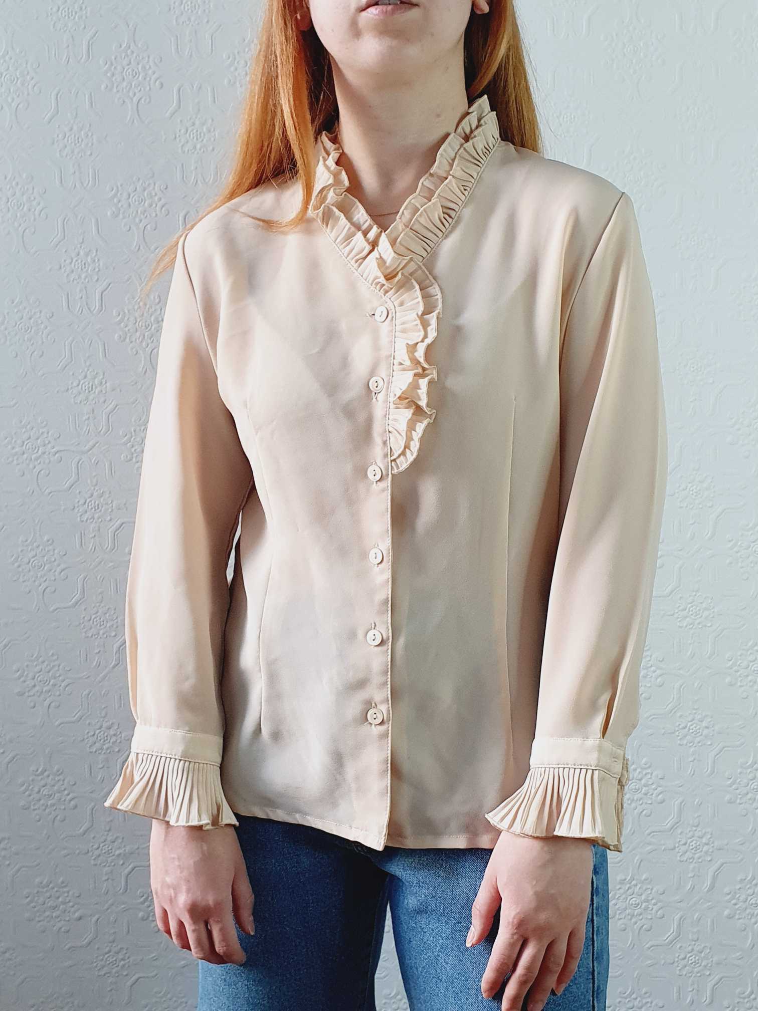 Vintage Beige Ruffle Collar Blouse - XS/S - Image 6