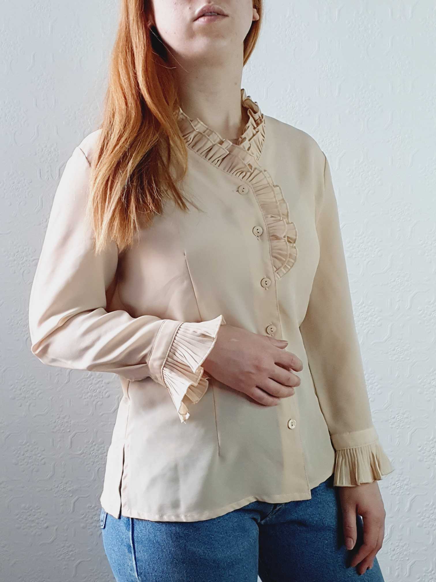 Vintage Beige Ruffle Collar Blouse - XS/S - Image 9
