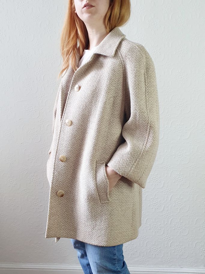 Vintage Beige Wool Coat - L - Image 2