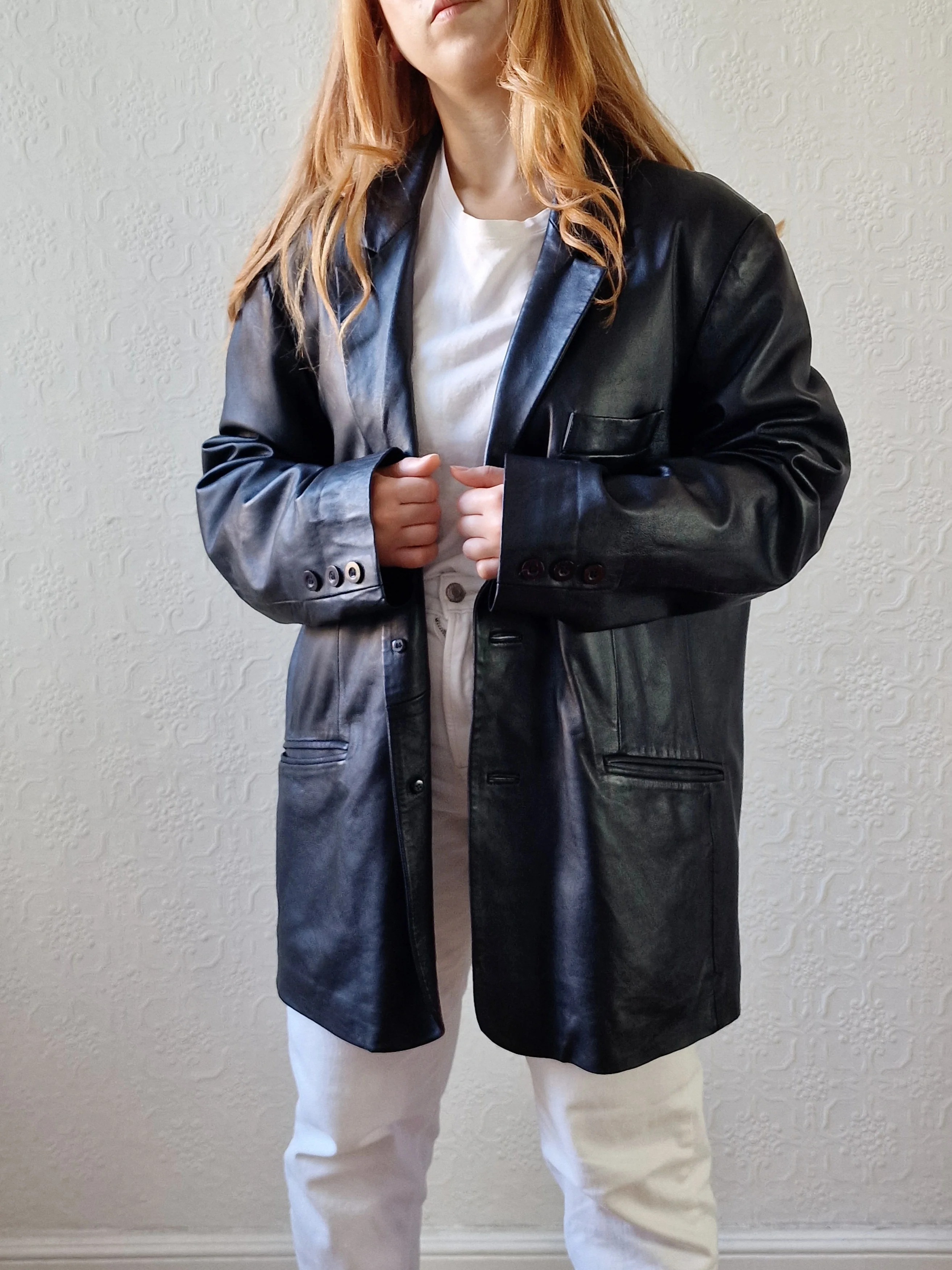 Vintage Black 100% Genuine Leather Blazer Style Jacket - L - Image 3