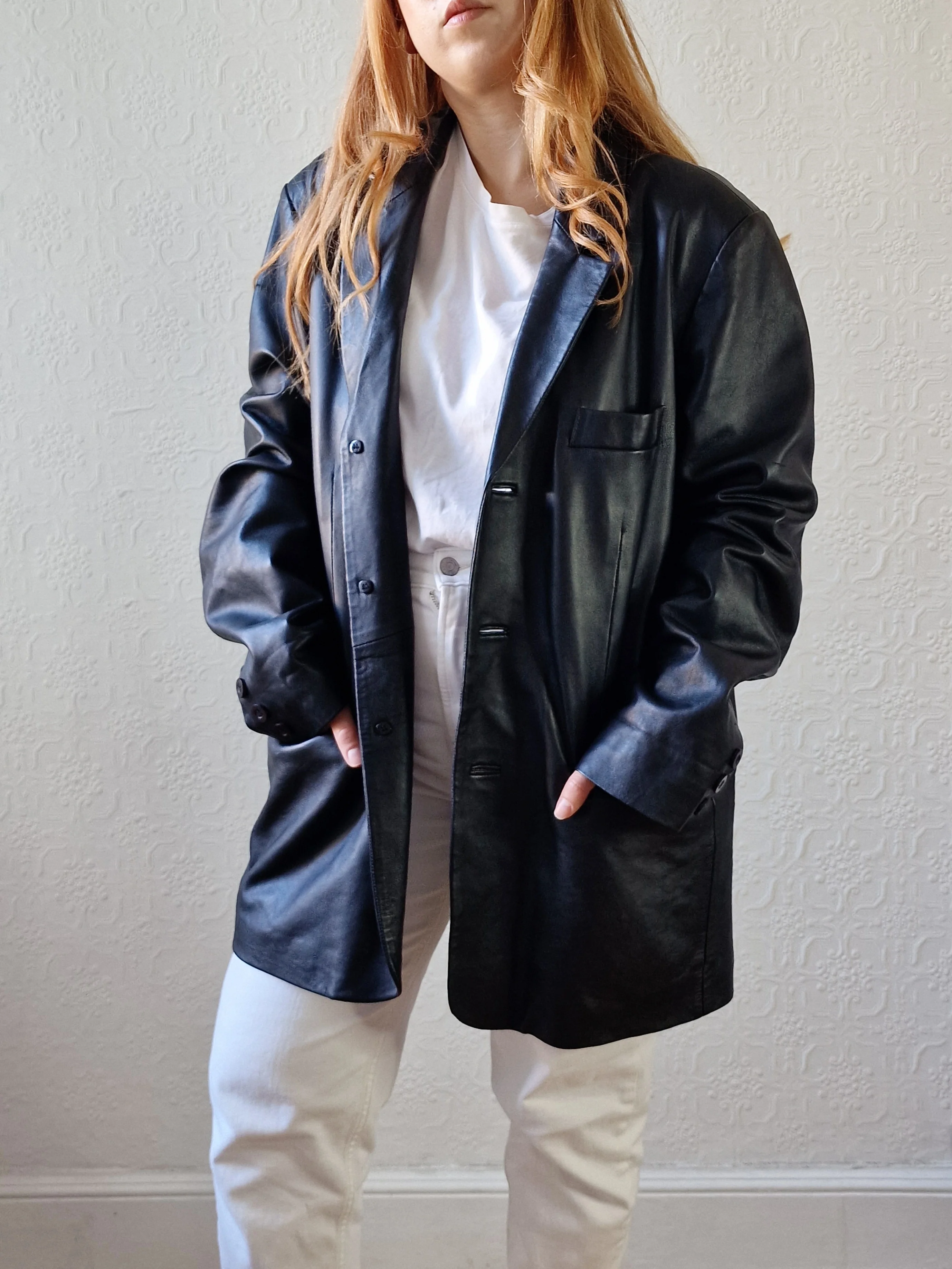 Vintage Black 100% Genuine Leather Blazer Style Jacket - L - Image 4