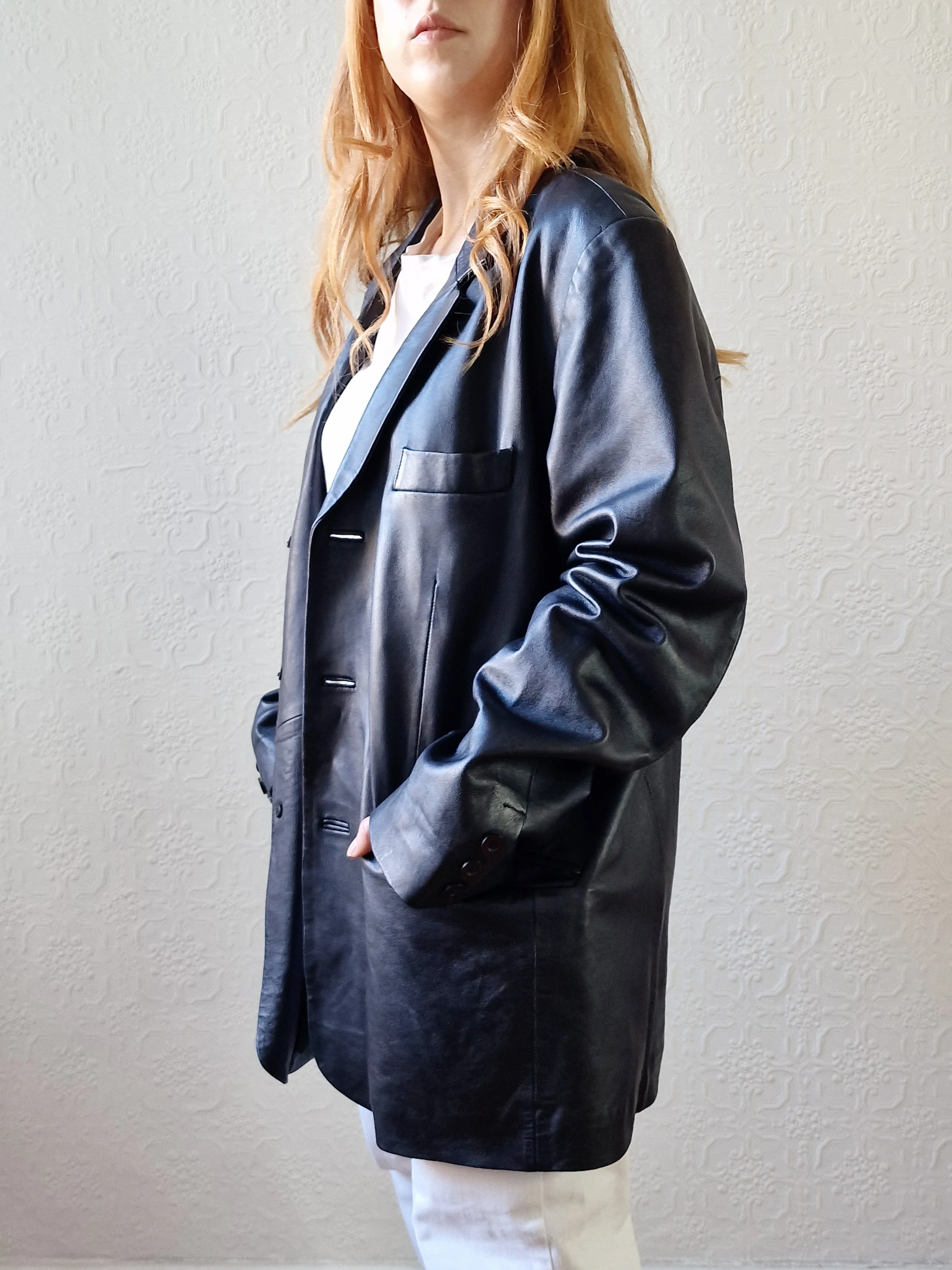 Vintage Black 100% Genuine Leather Blazer Style Jacket - L - Image 5