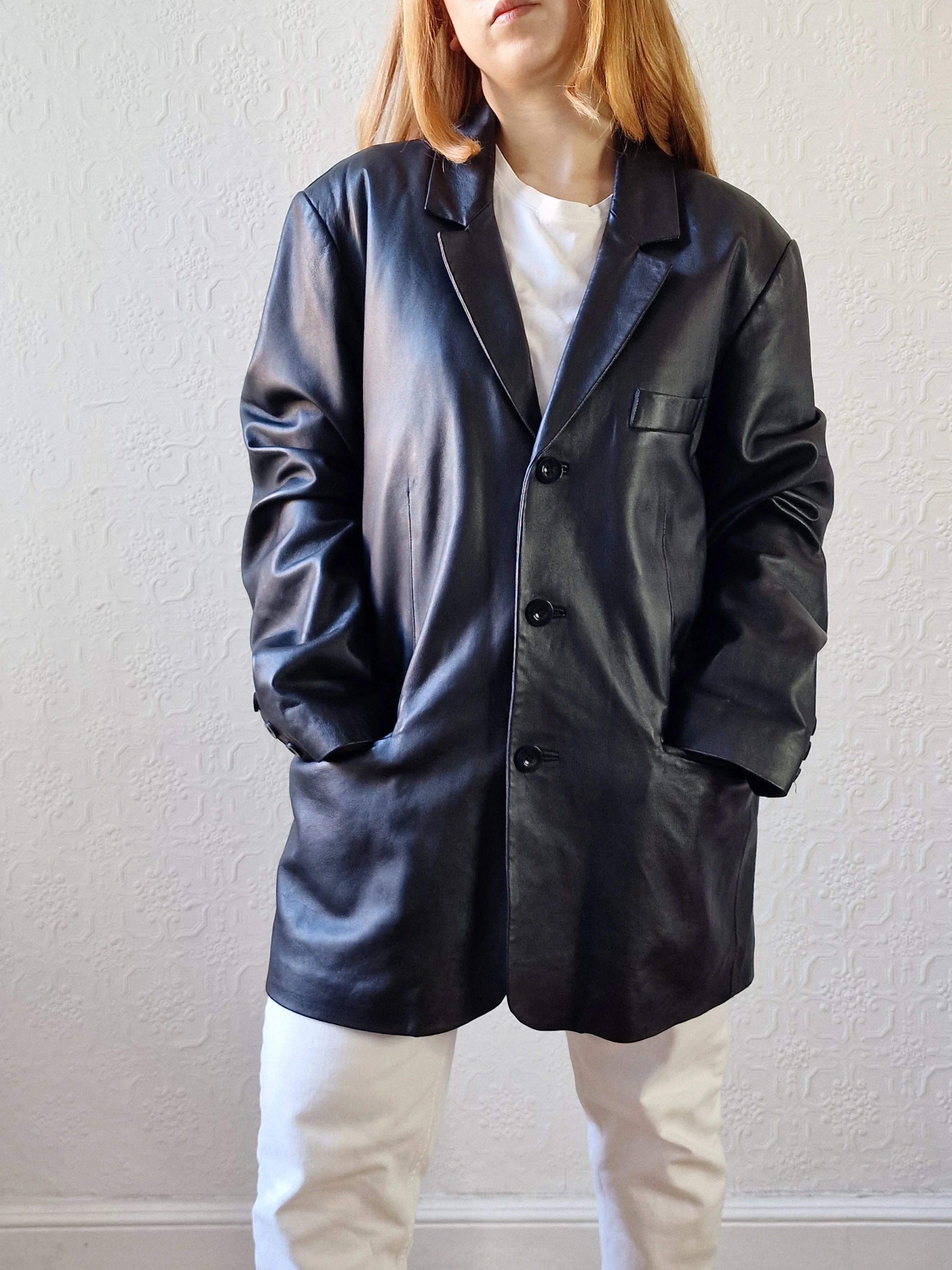 Vintage Black 100% Genuine Leather Blazer Style Jacket - L - Image 9