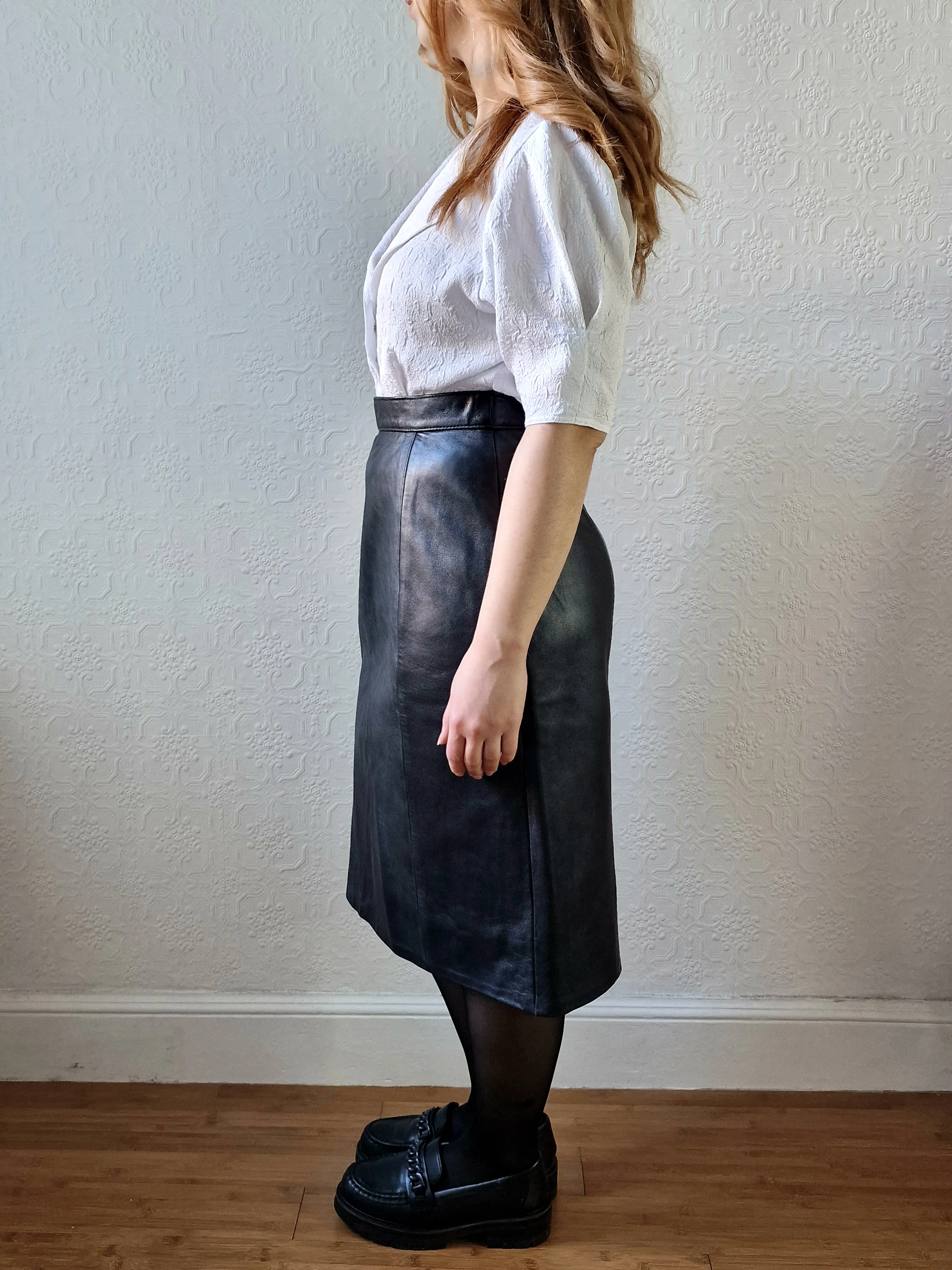 Vintage Black 100% Genuine Leather Midi Skirt - S - Image 2
