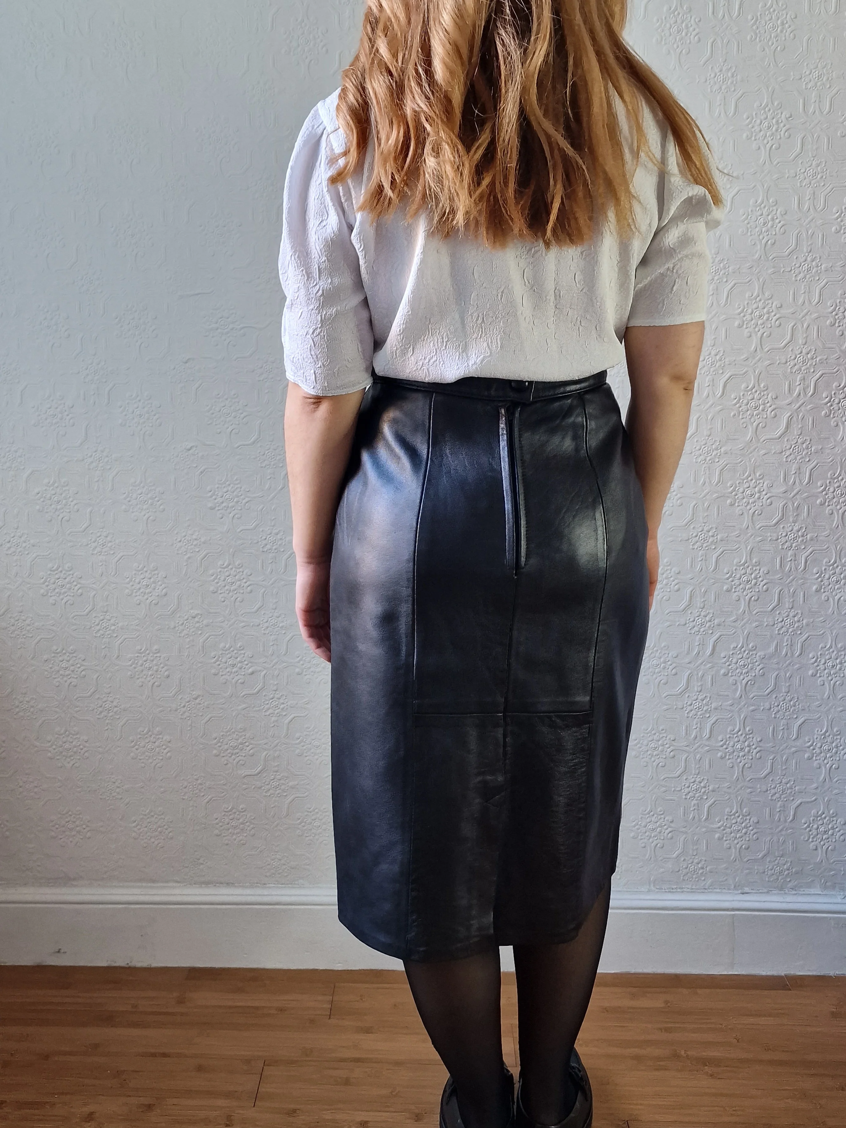Vintage Black 100% Genuine Leather Midi Skirt - S - Image 3
