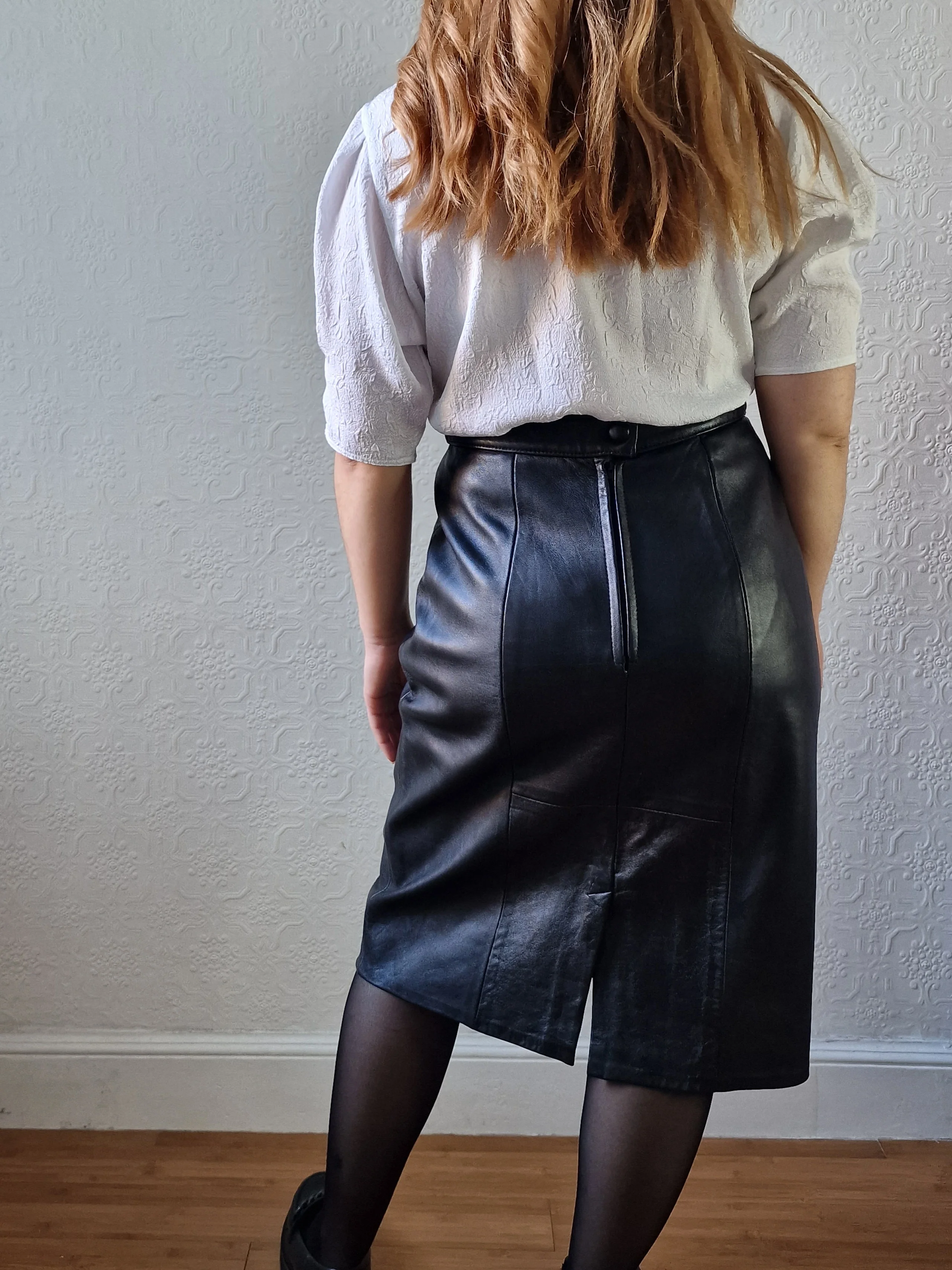 Vintage Black 100% Genuine Leather Midi Skirt - S - Image 4