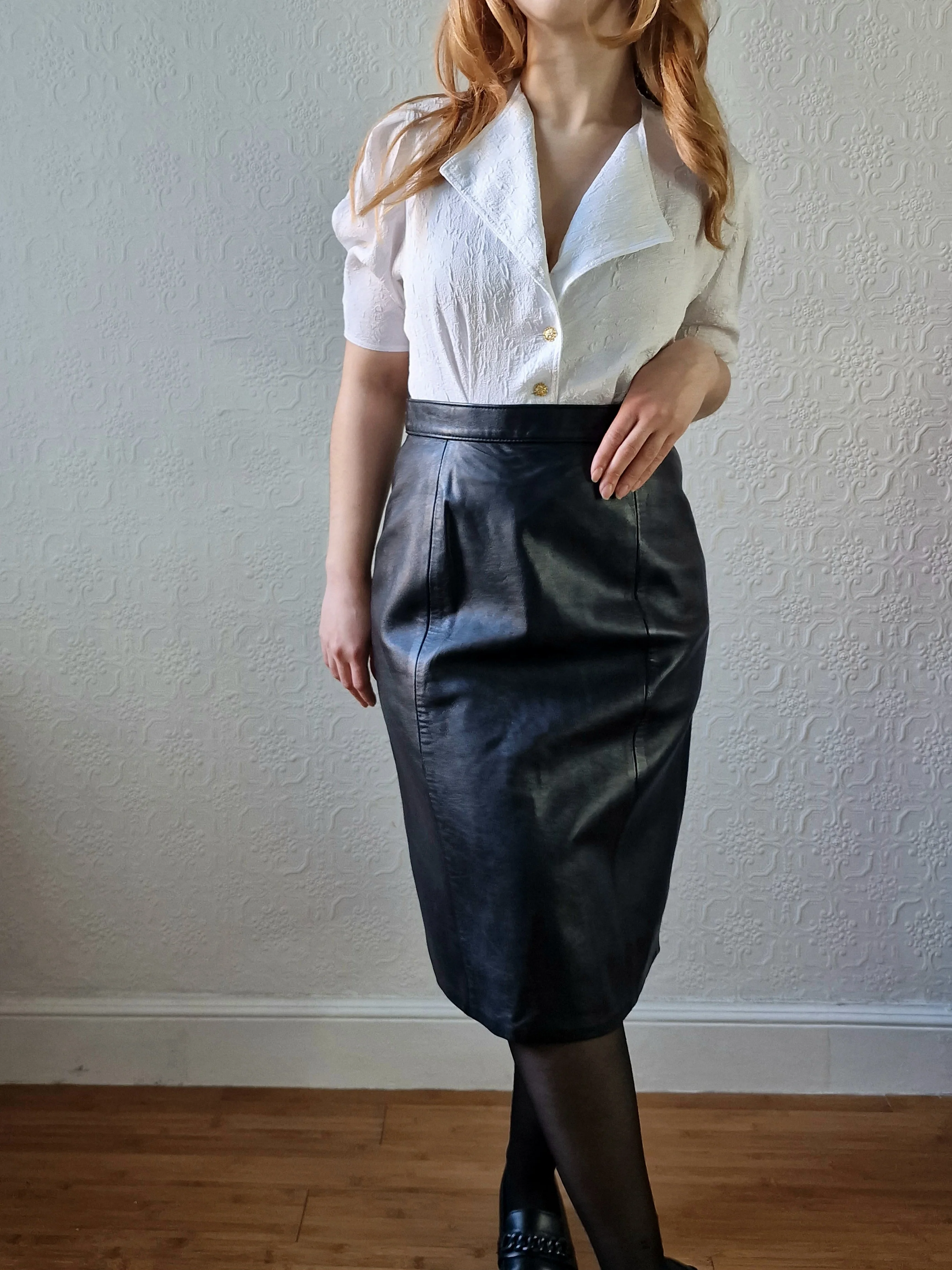 Vintage Black 100% Genuine Leather Midi Skirt - S - Image 5