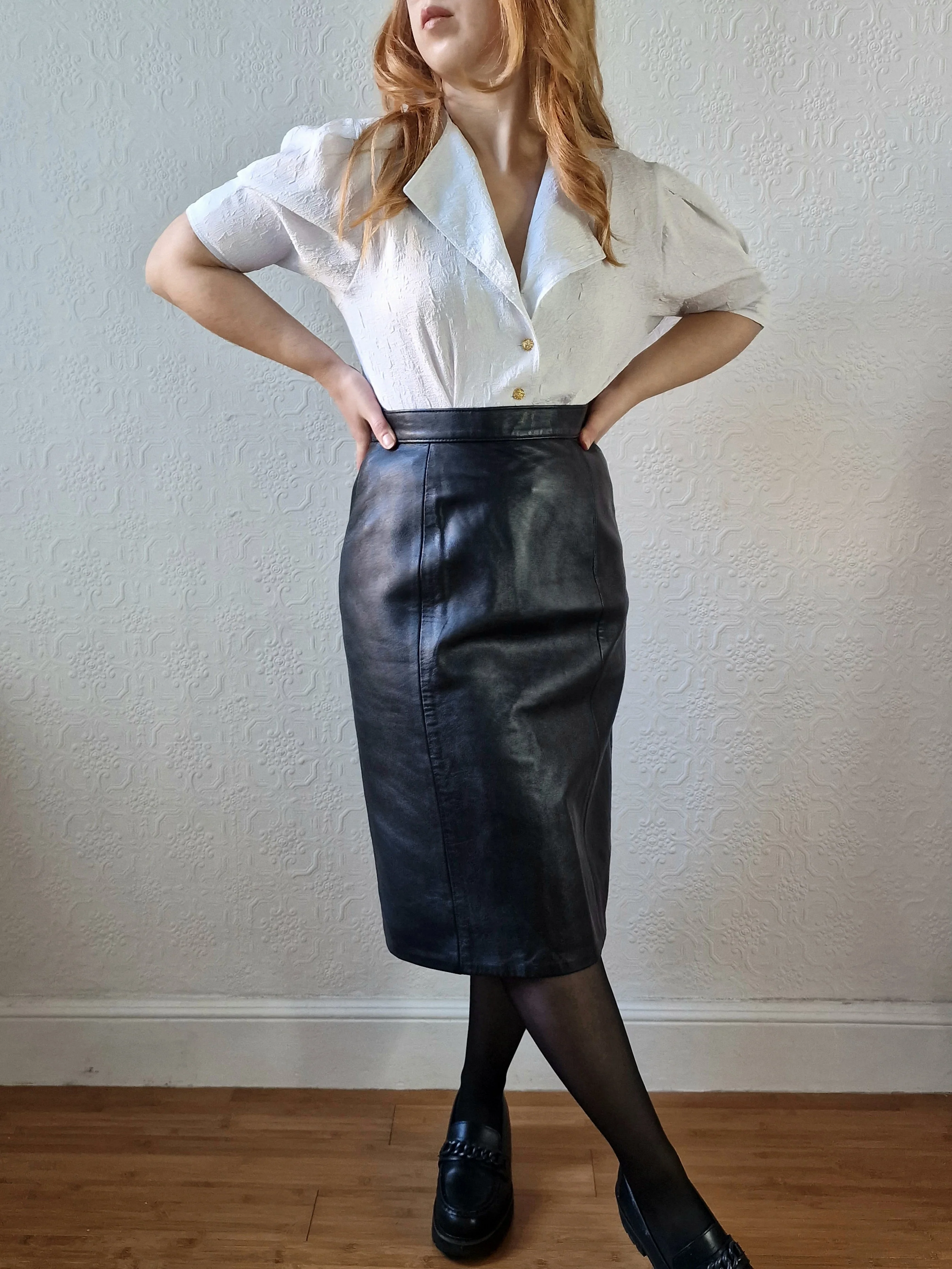 Vintage Black 100% Genuine Leather Midi Skirt - S - Image 7