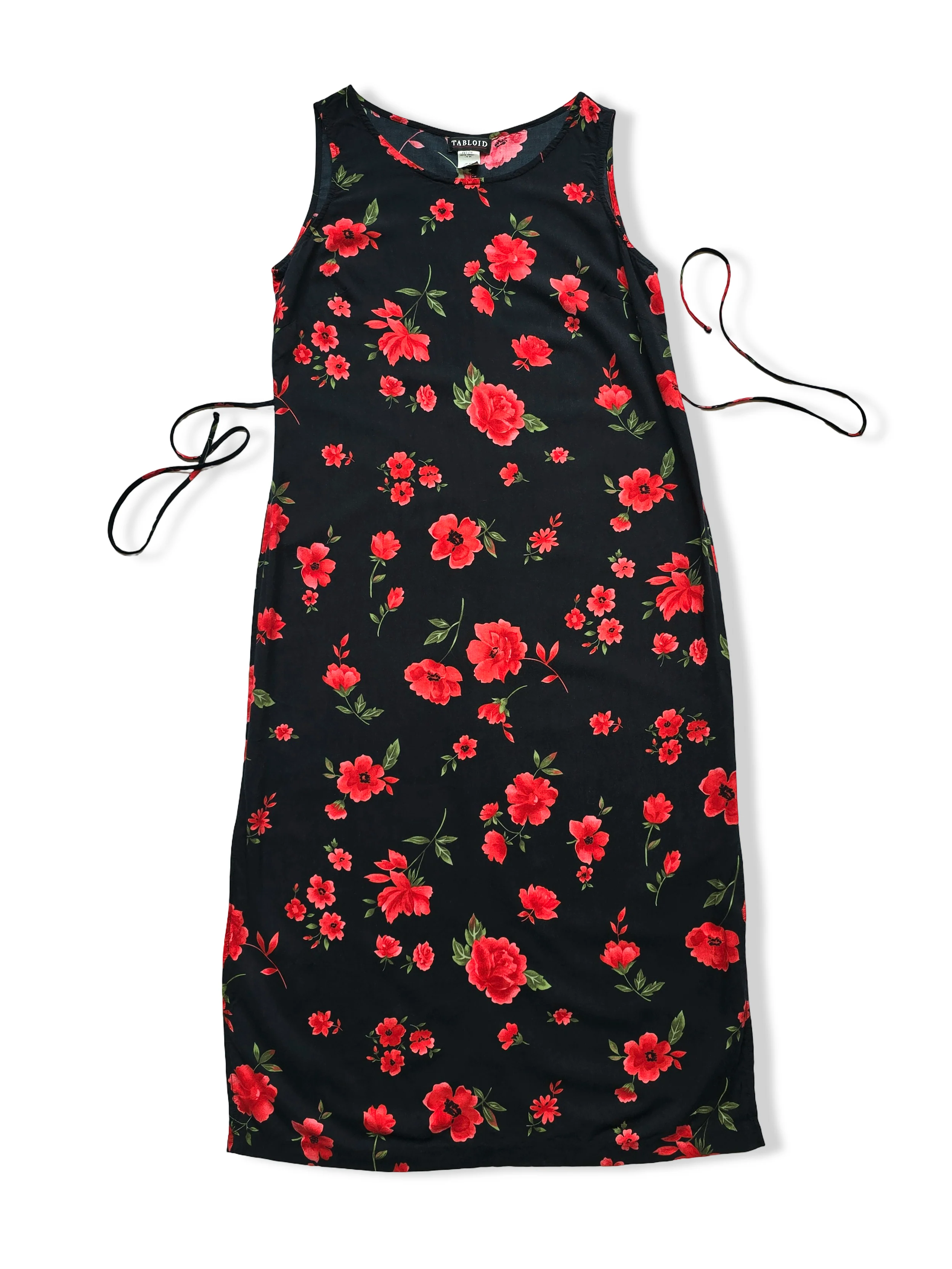 Vintage Black and Red Bold Floral Print Midi Dress - M
