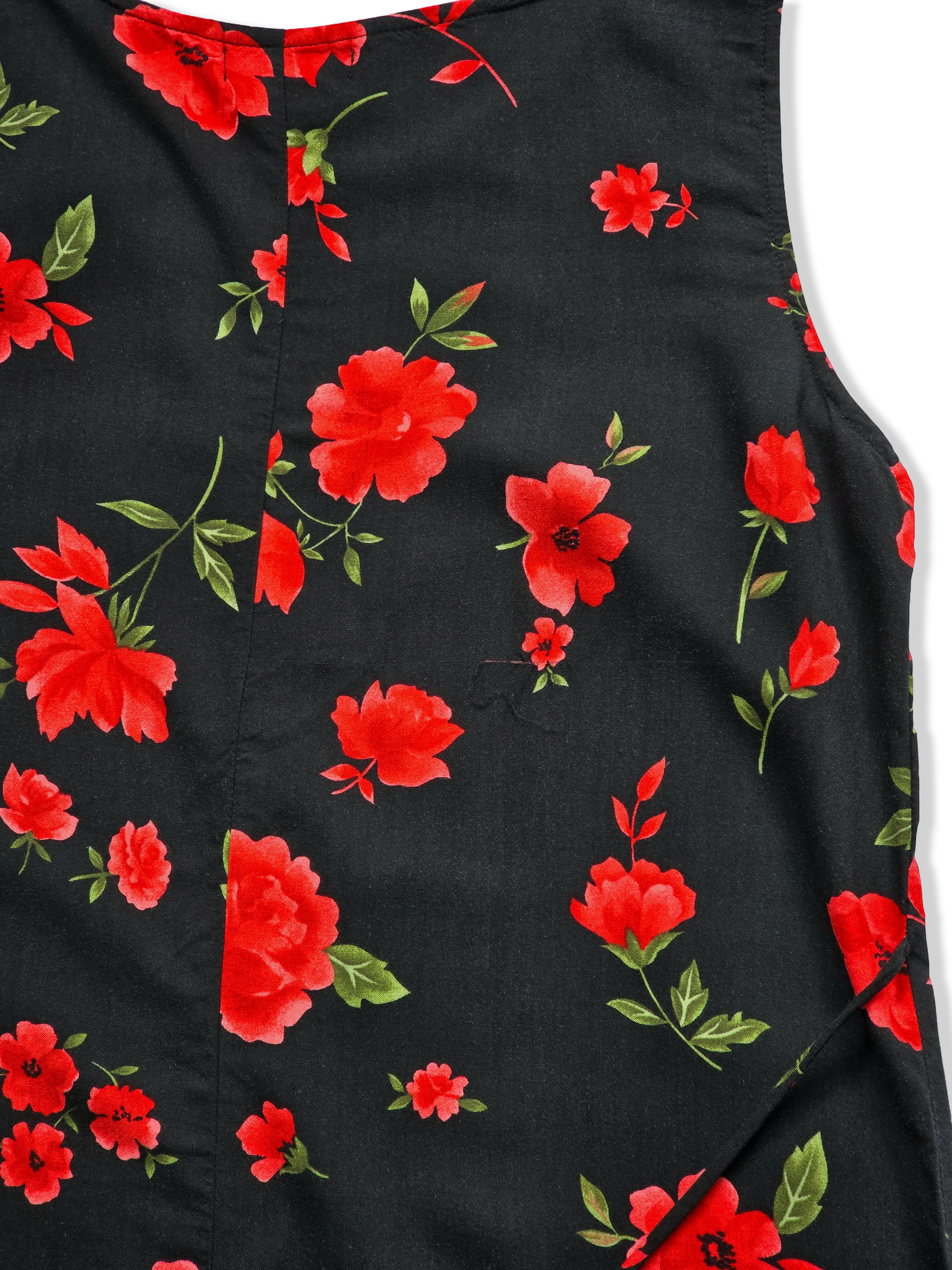 Vintage Black and Red Bold Floral Print Midi Dress - M - Image 4