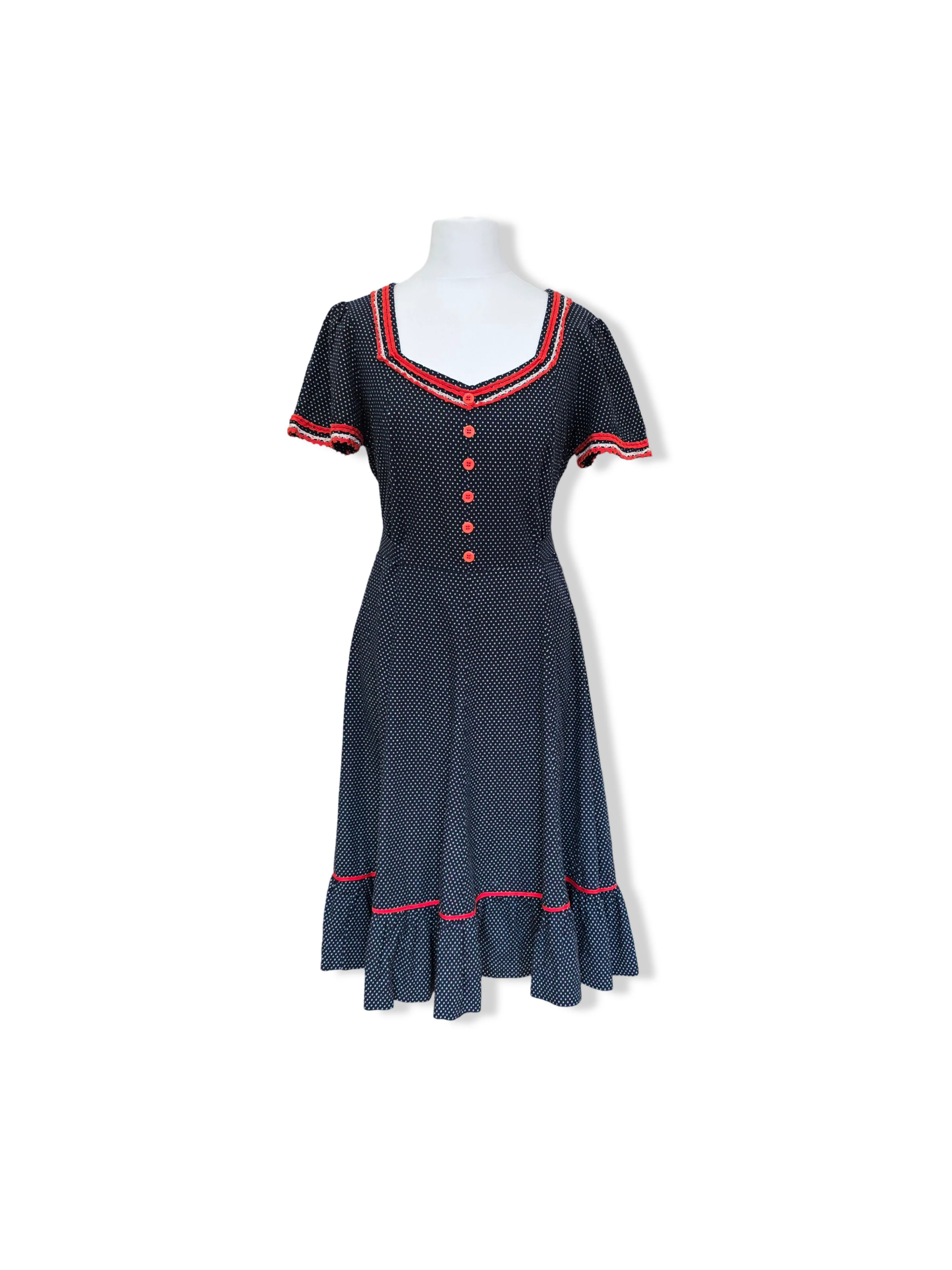 Vintage Black and White Polka Dot Midi Dress - M