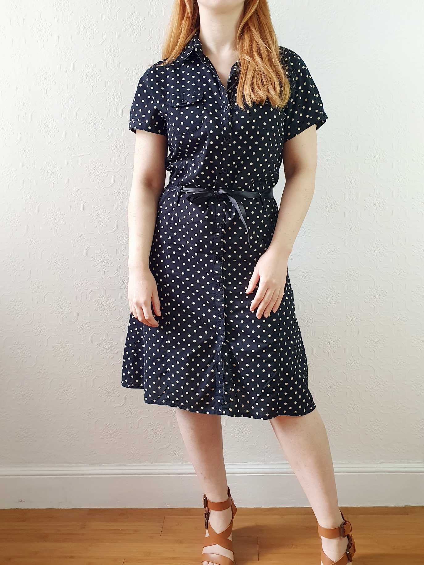 Vintage Black and White Polka Dot Short Sleeve Shift Dress - S/M