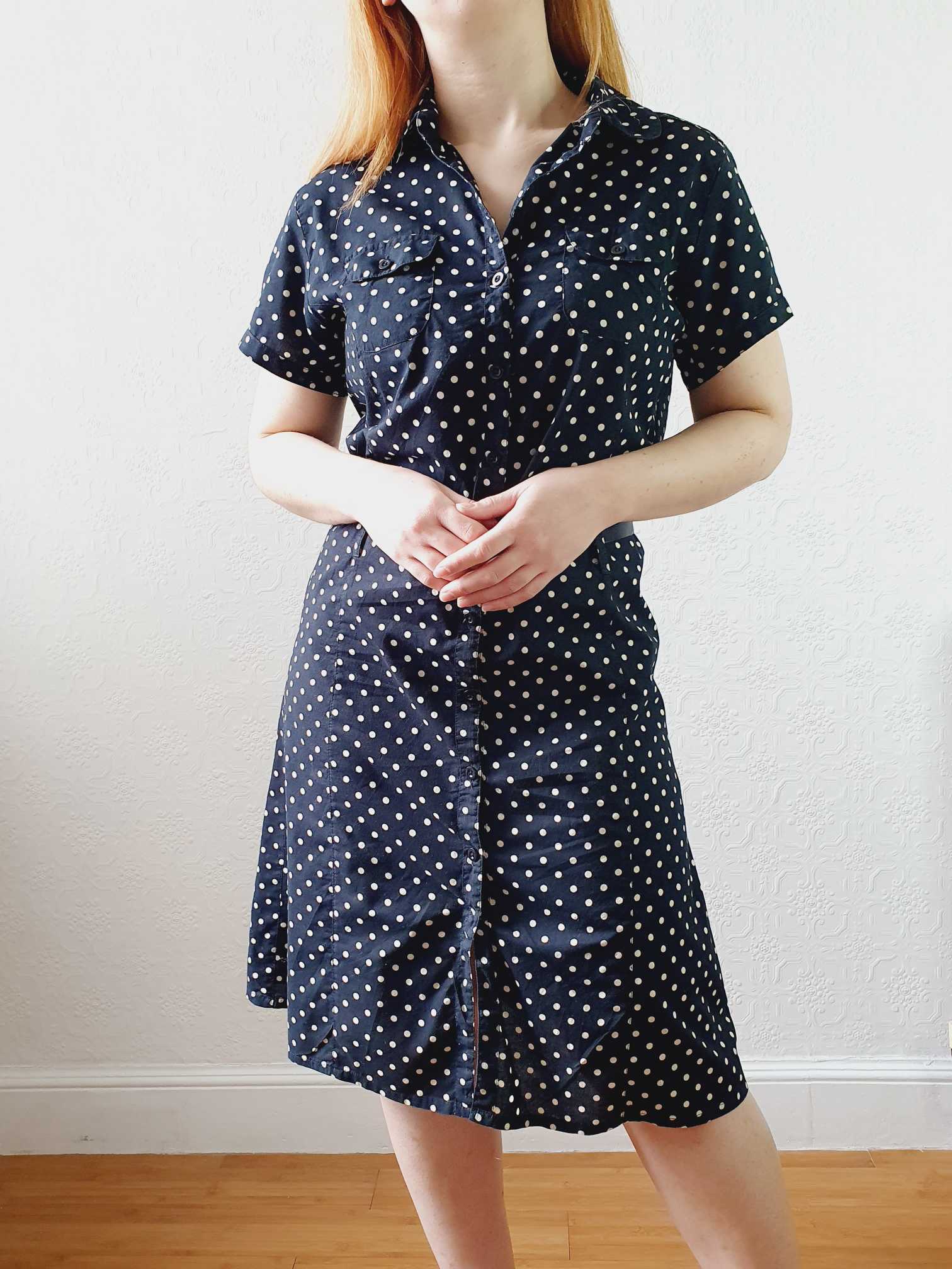 Vintage Black and White Polka Dot Short Sleeve Shift Dress - S/M - Image 2