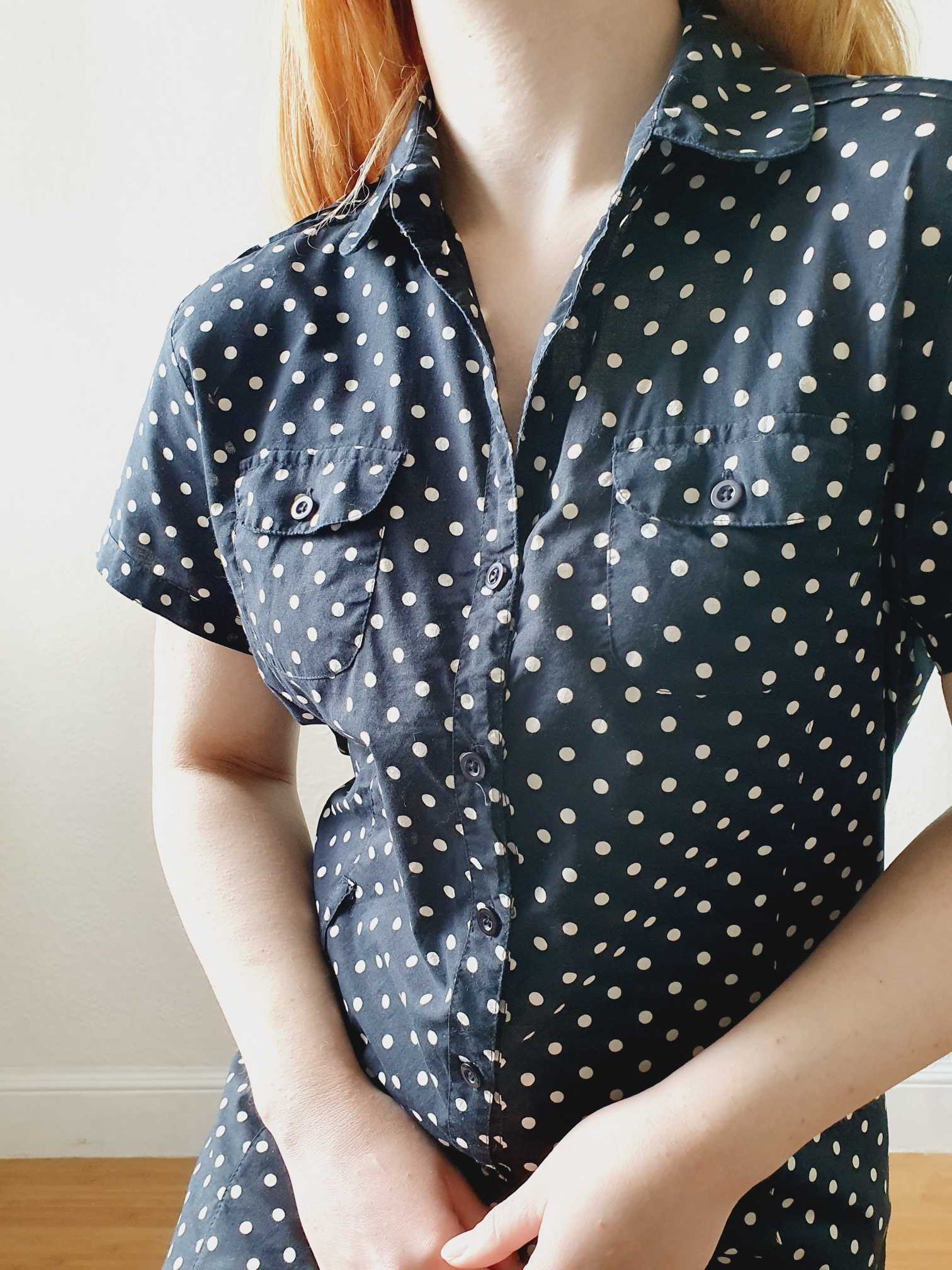 Vintage Black and White Polka Dot Short Sleeve Shift Dress - S/M - Image 3