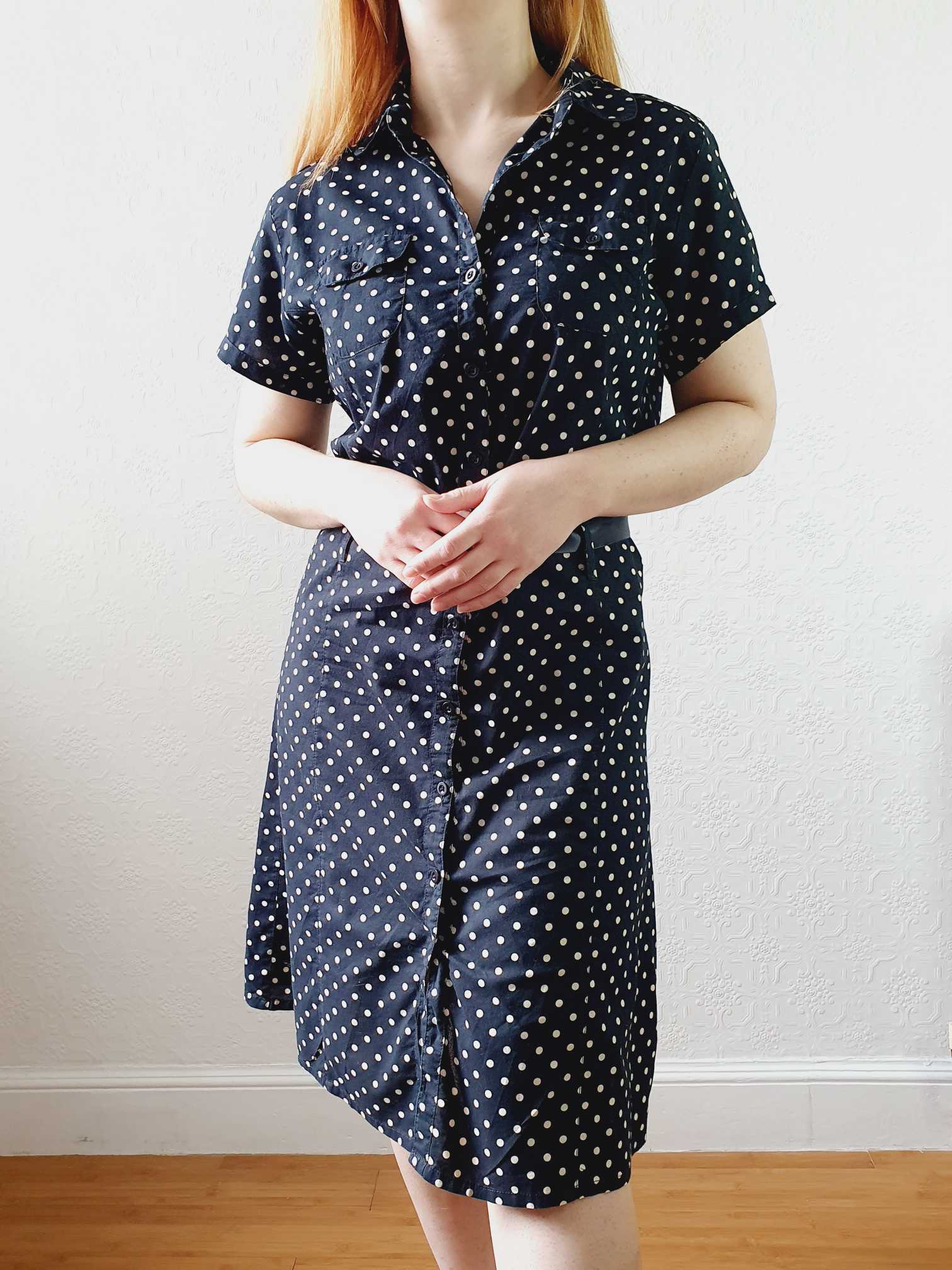 Vintage Black and White Polka Dot Short Sleeve Shift Dress - S/M - Image 4