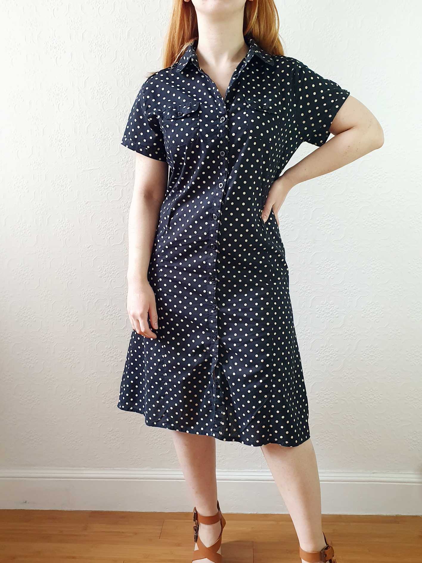 Vintage Black and White Polka Dot Short Sleeve Shift Dress - S/M - Image 5
