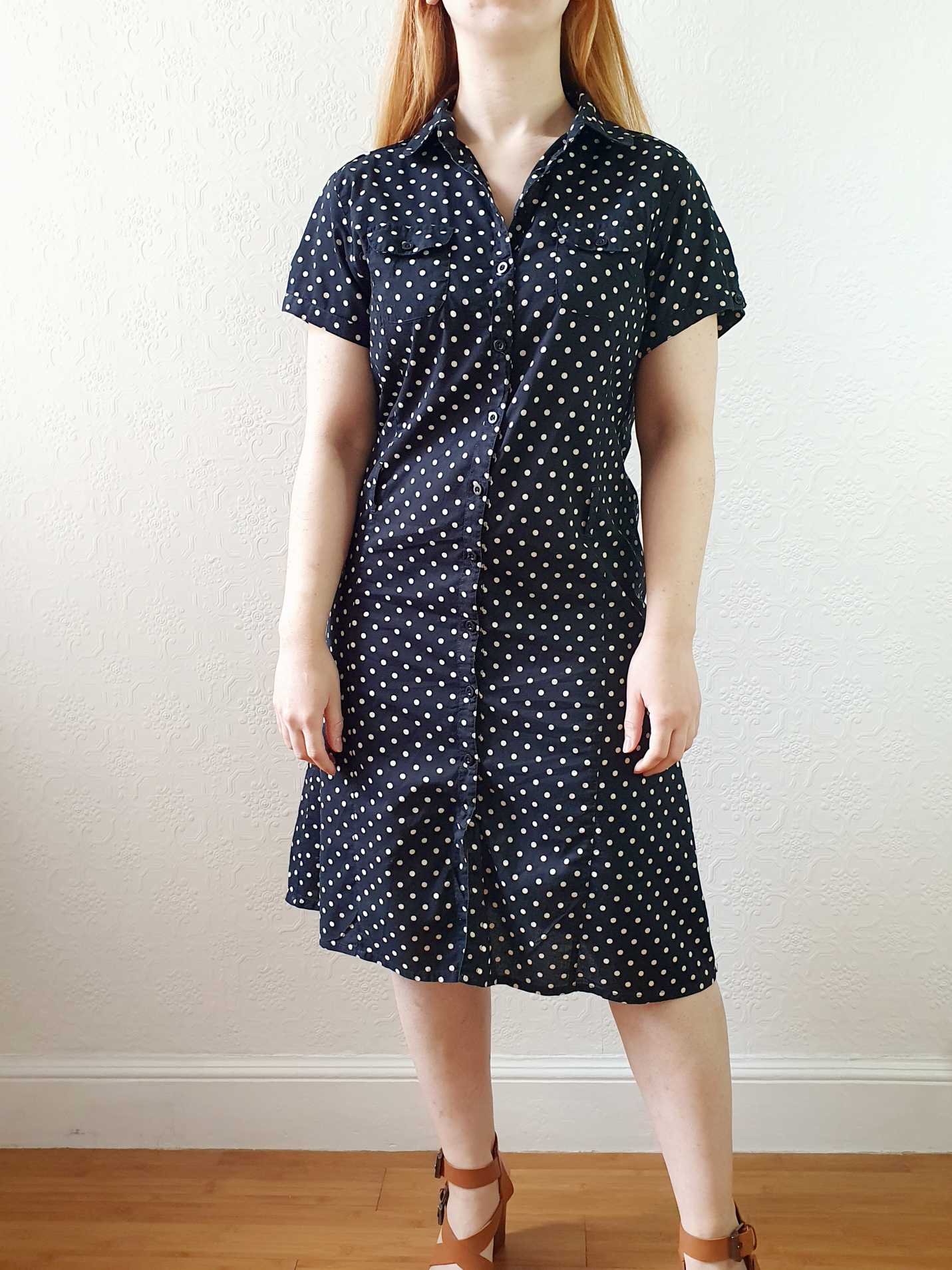 Vintage Black and White Polka Dot Short Sleeve Shift Dress - S/M - Image 9