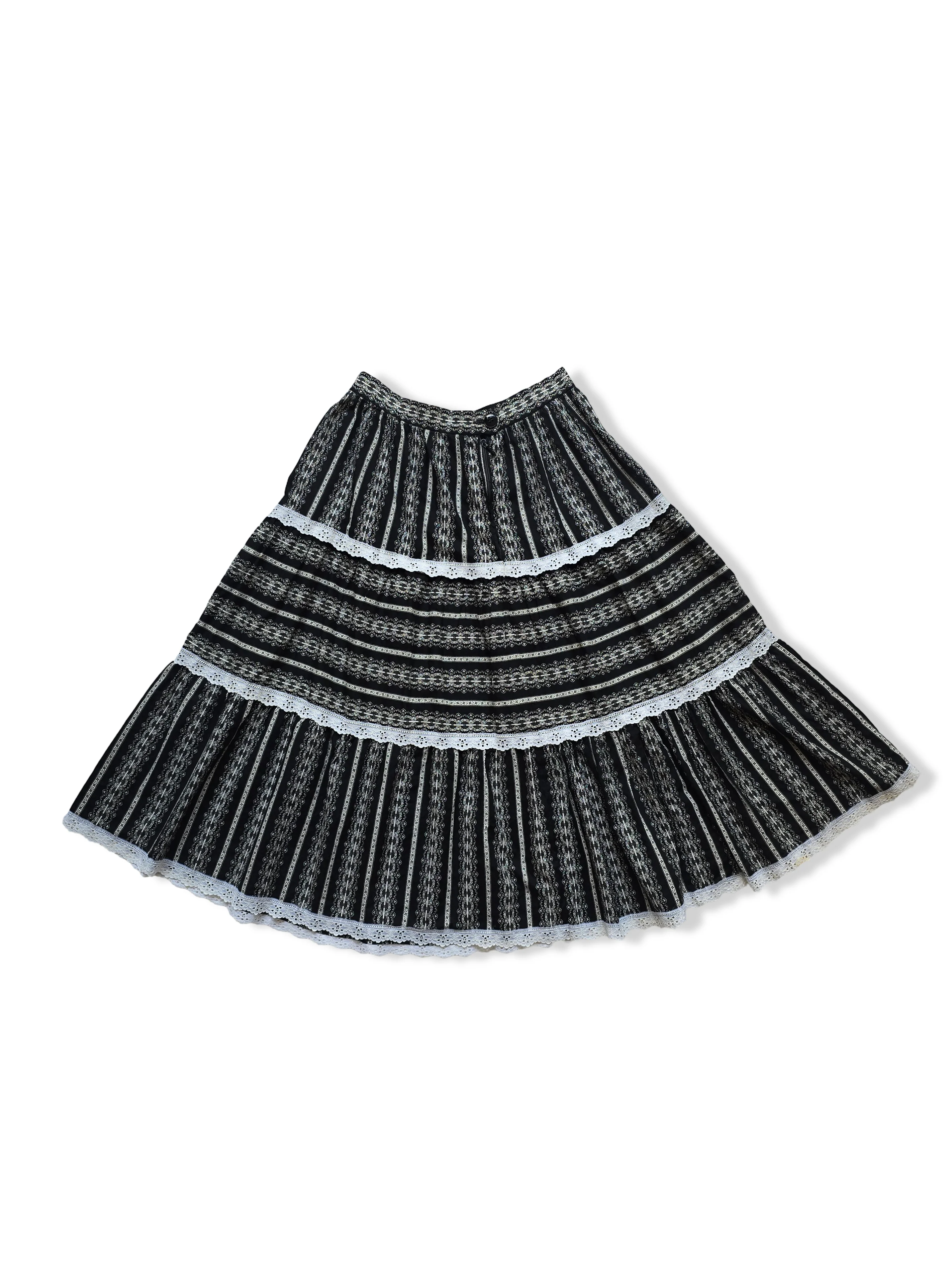 Vintage Black and White Print Tiered Midi Skirt - XS - Image 3