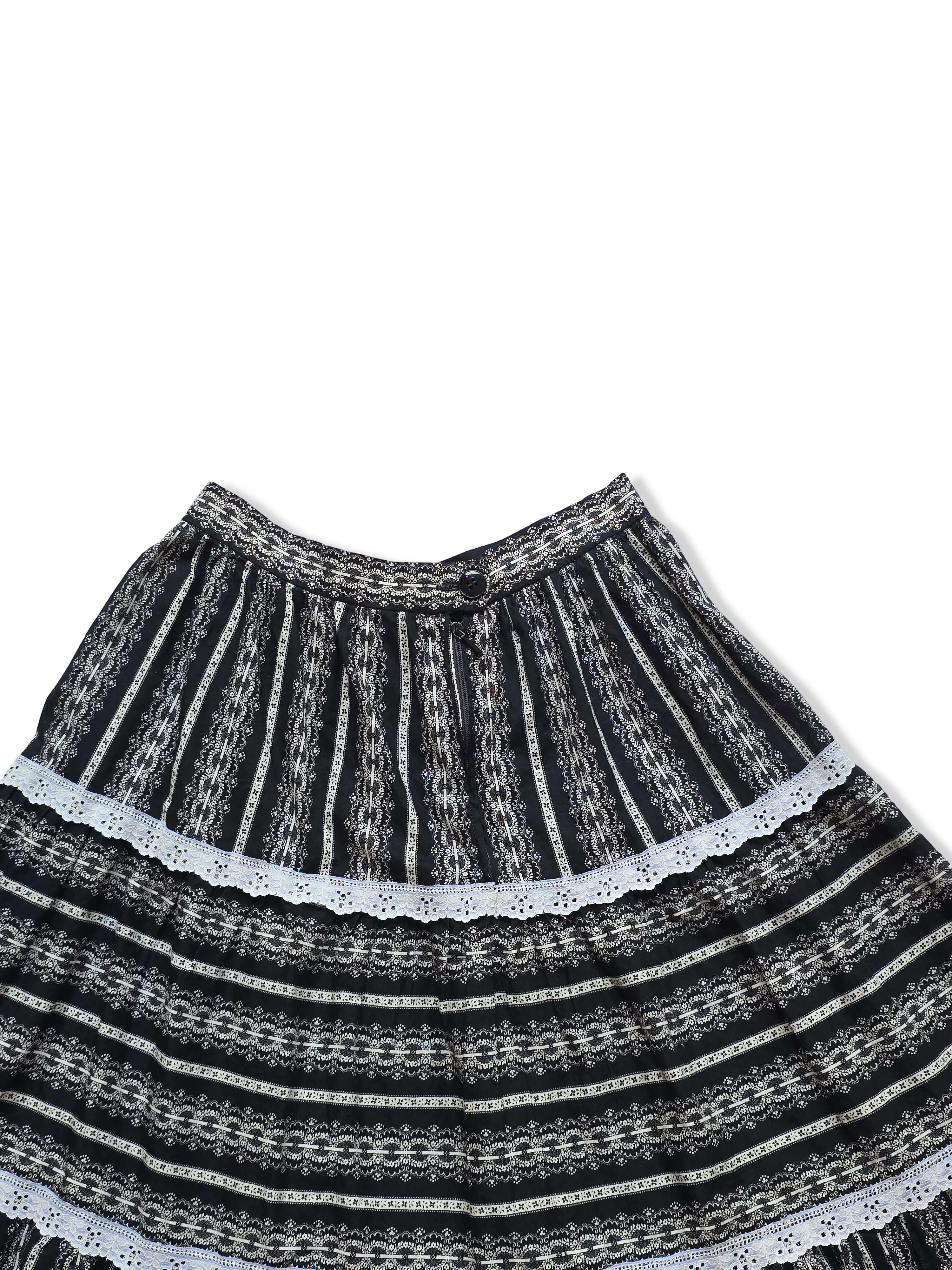 Vintage Black and White Print Tiered Midi Skirt - XS - Image 4