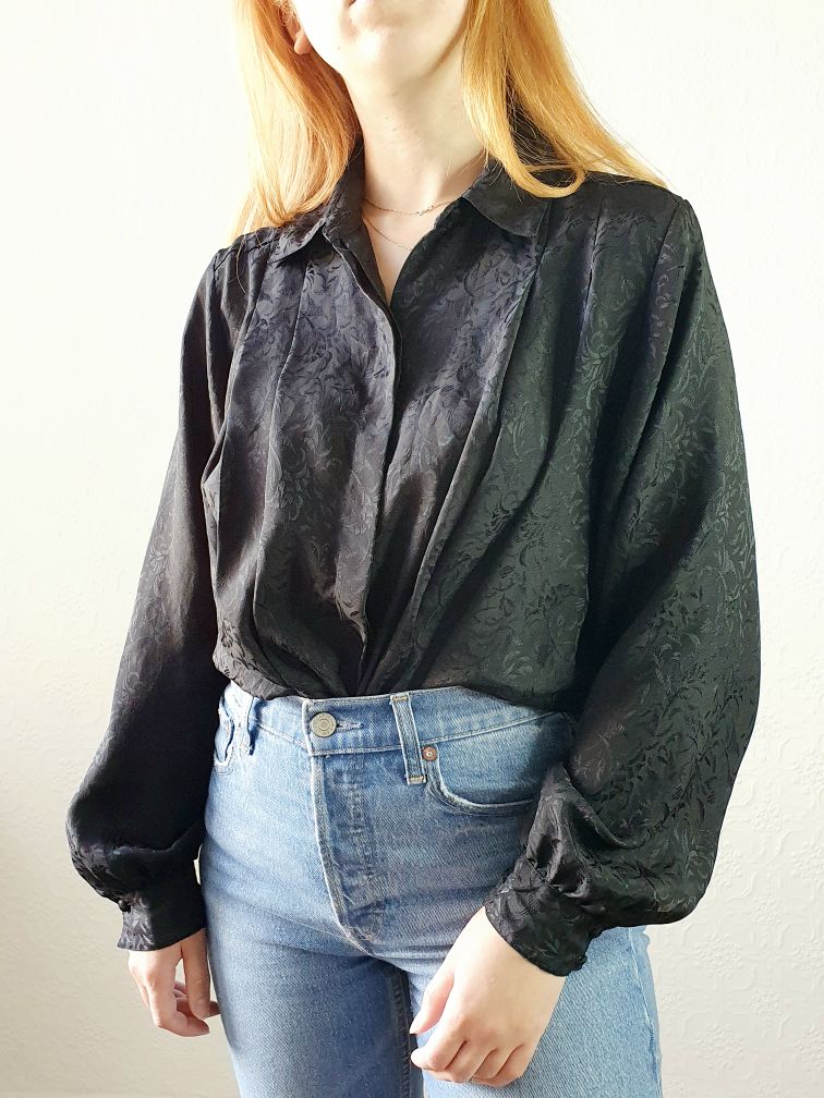 Vintage Black Blouse with Pleating Detail - XL