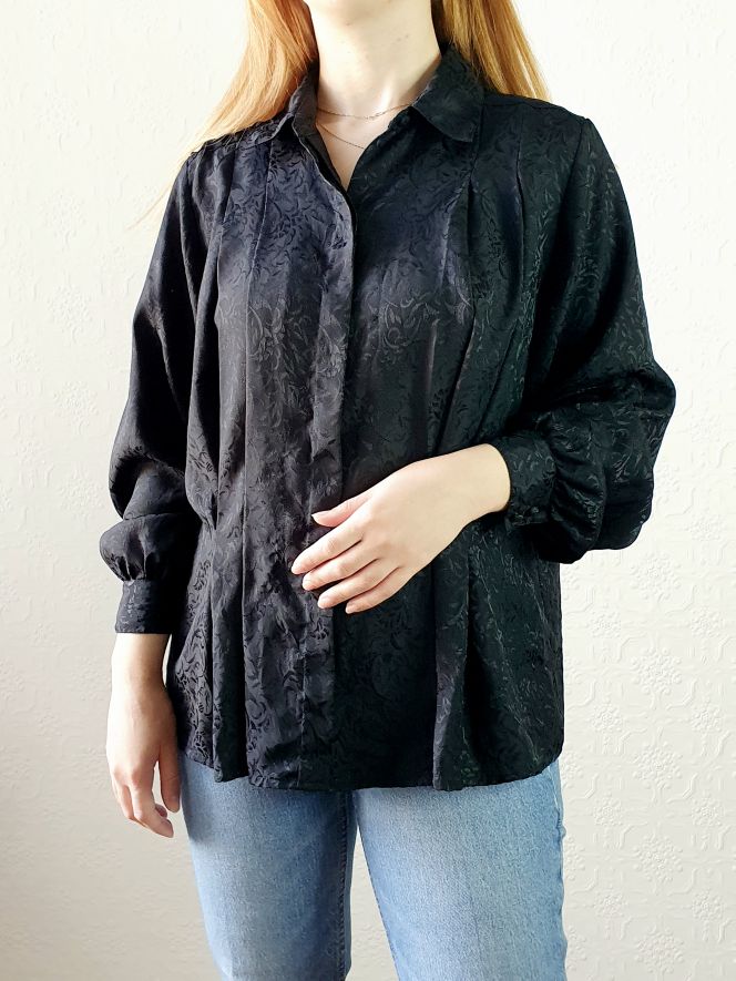 Vintage Black Blouse with Pleating Detail - XL - Image 5