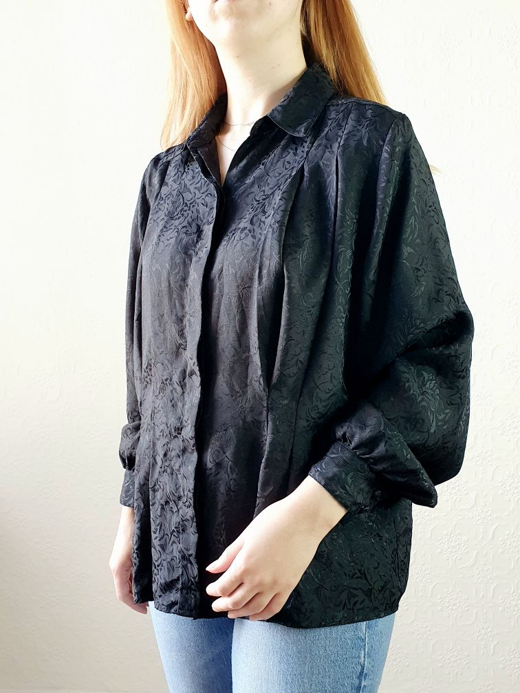 Vintage Black Blouse with Pleating Detail - XL - Image 6