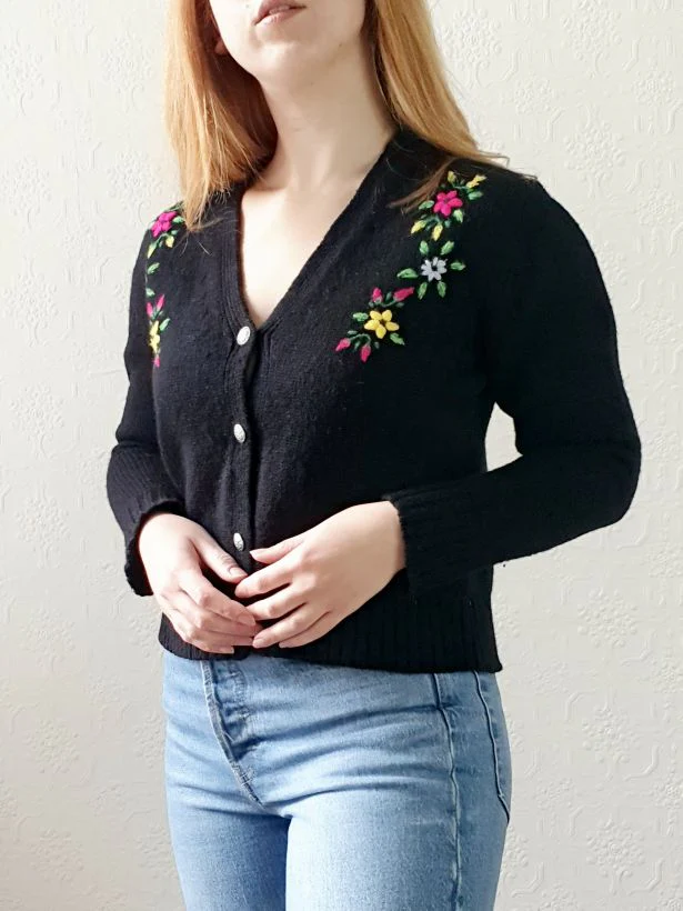 Vintage Black Cardigan with Floral Embroidery - S