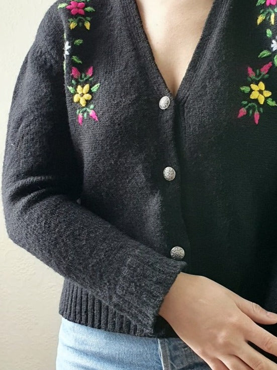 Vintage Black Cardigan with Floral Embroidery - S - Image 10
