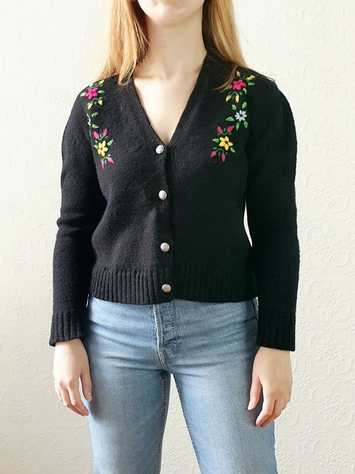 Vintage Black Cardigan with Floral Embroidery - S - Image 2