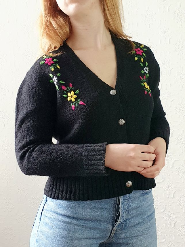 Vintage Black Cardigan with Floral Embroidery - S - Image 3
