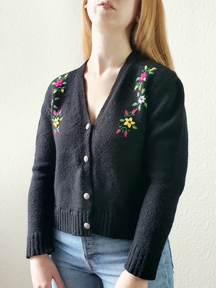 Vintage Black Cardigan with Floral Embroidery - S - Image 4
