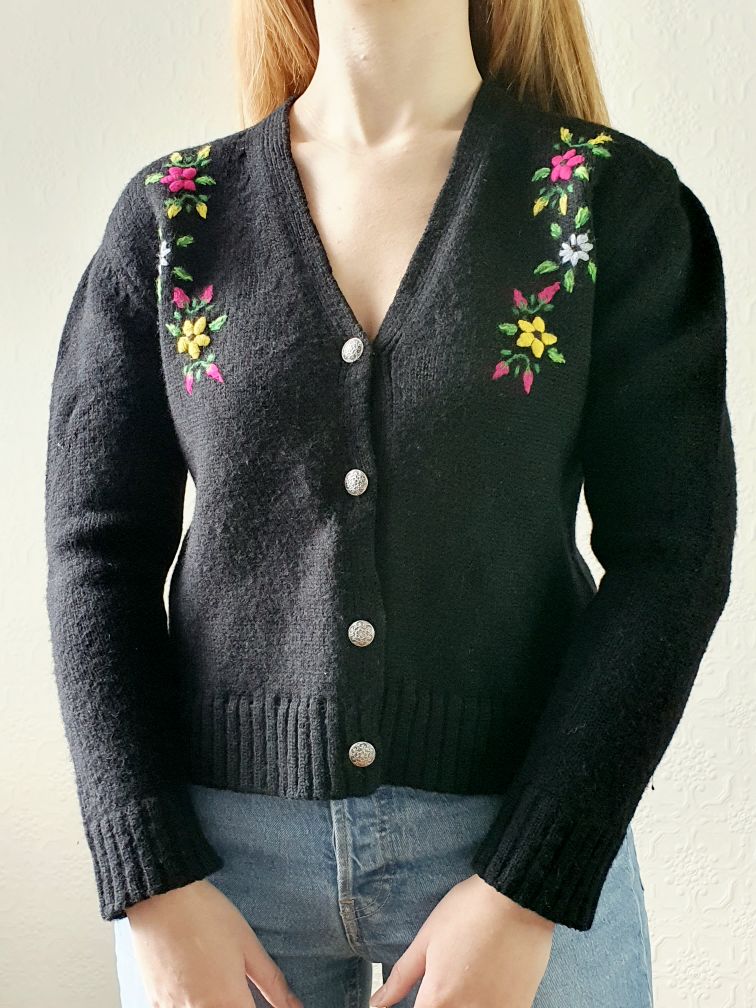 Vintage Black Cardigan with Floral Embroidery - S - Image 6