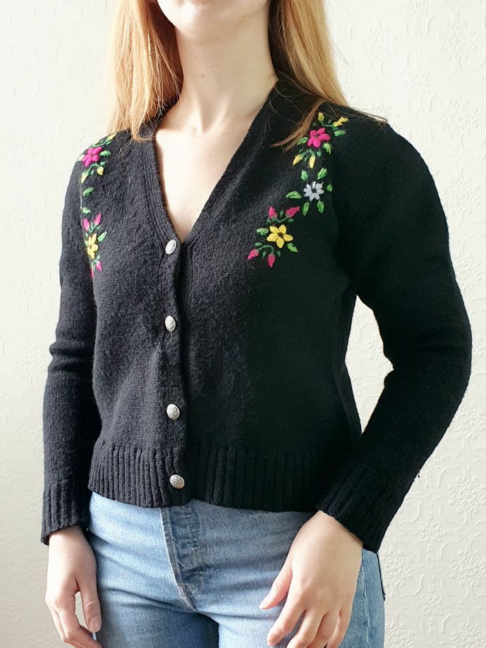 Vintage Black Cardigan with Floral Embroidery - S - Image 7