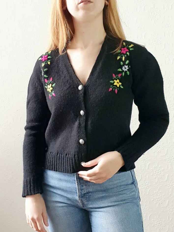 Vintage Black Cardigan with Floral Embroidery - S - Image 8