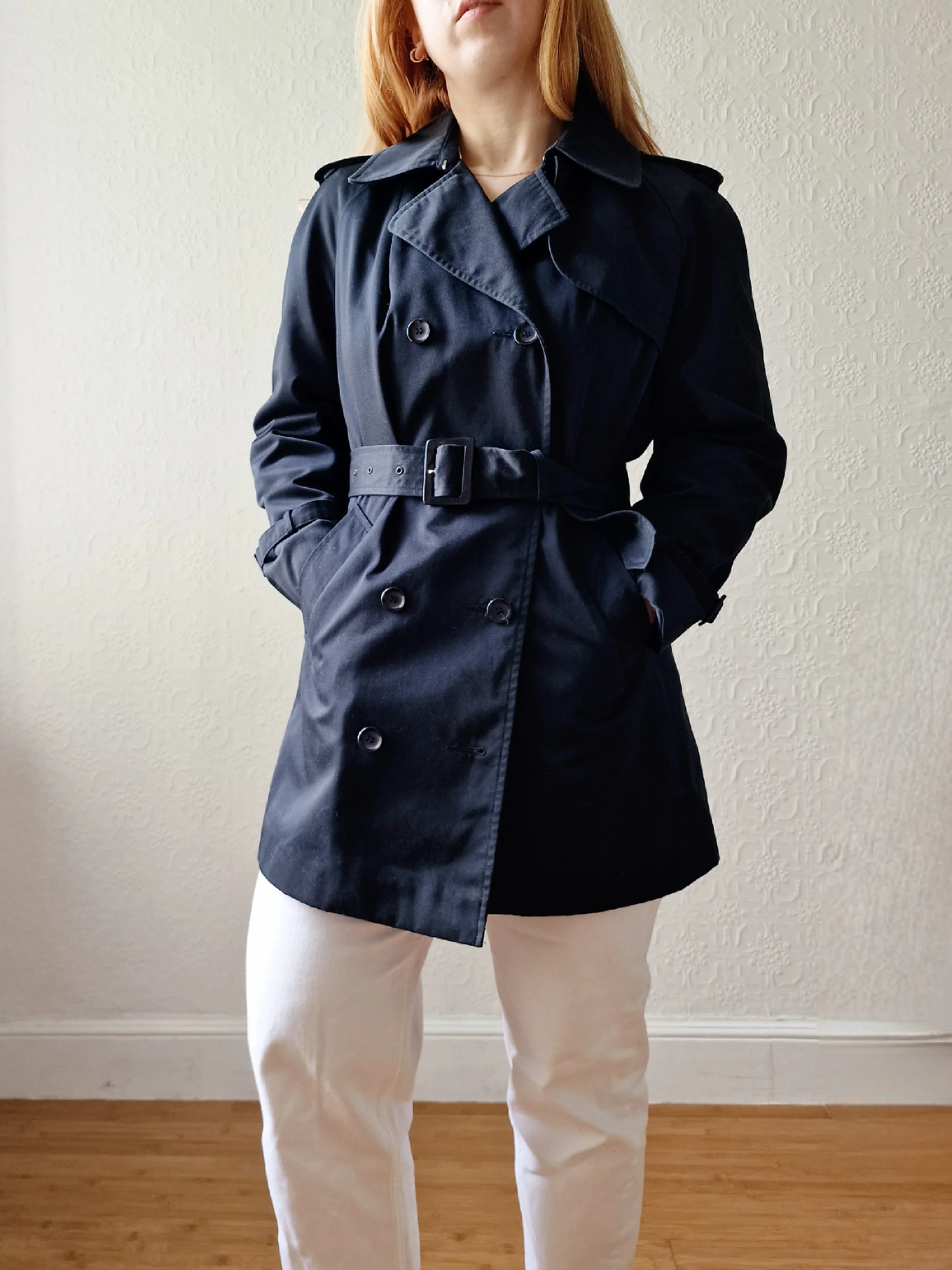 Vintage Black Double Breasted Medium Length Trench Coat with Belt by Dannimac - S - Image 2