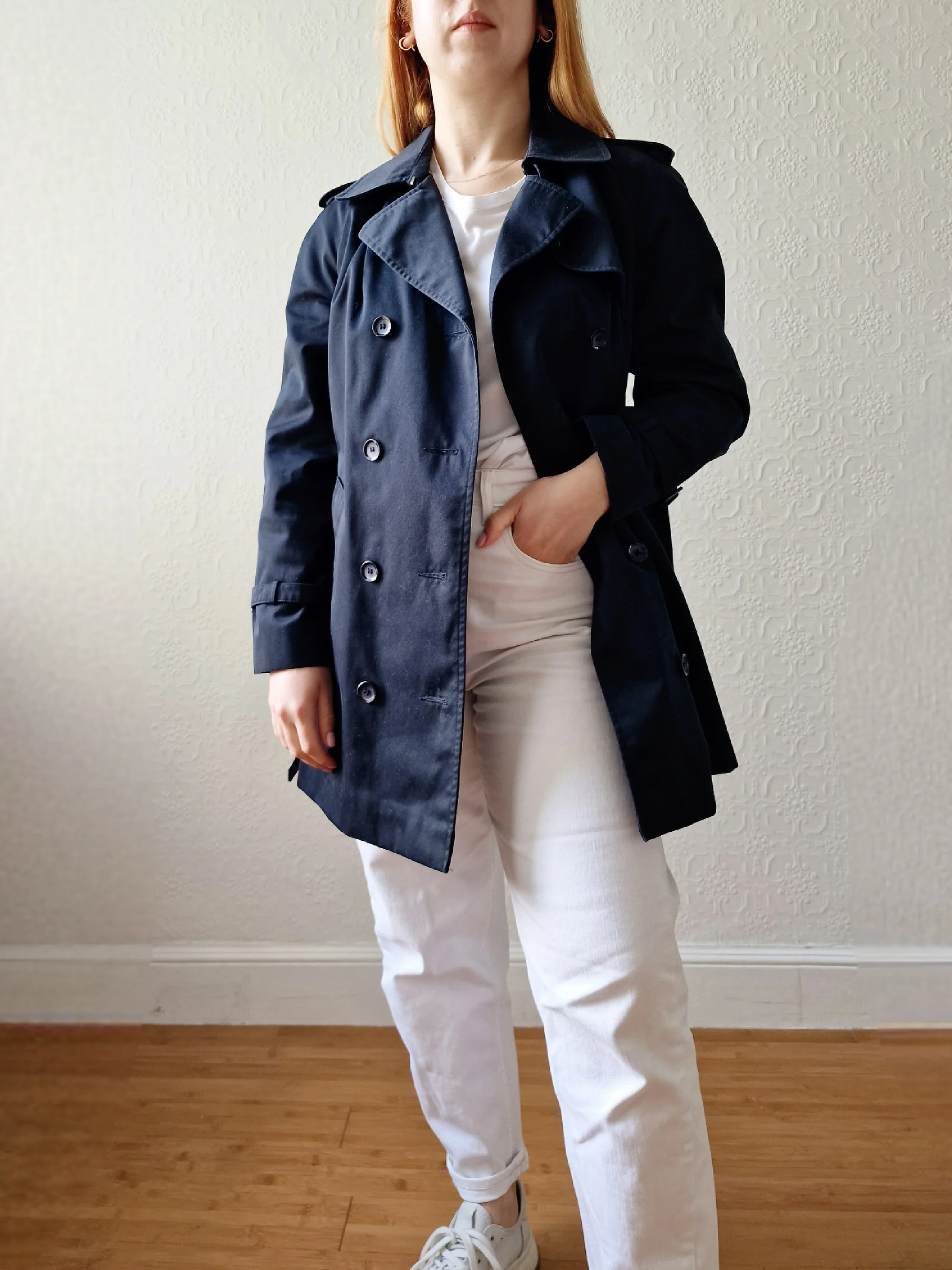 Vintage Black Double Breasted Medium Length Trench Coat with Belt by Dannimac - S - Image 3