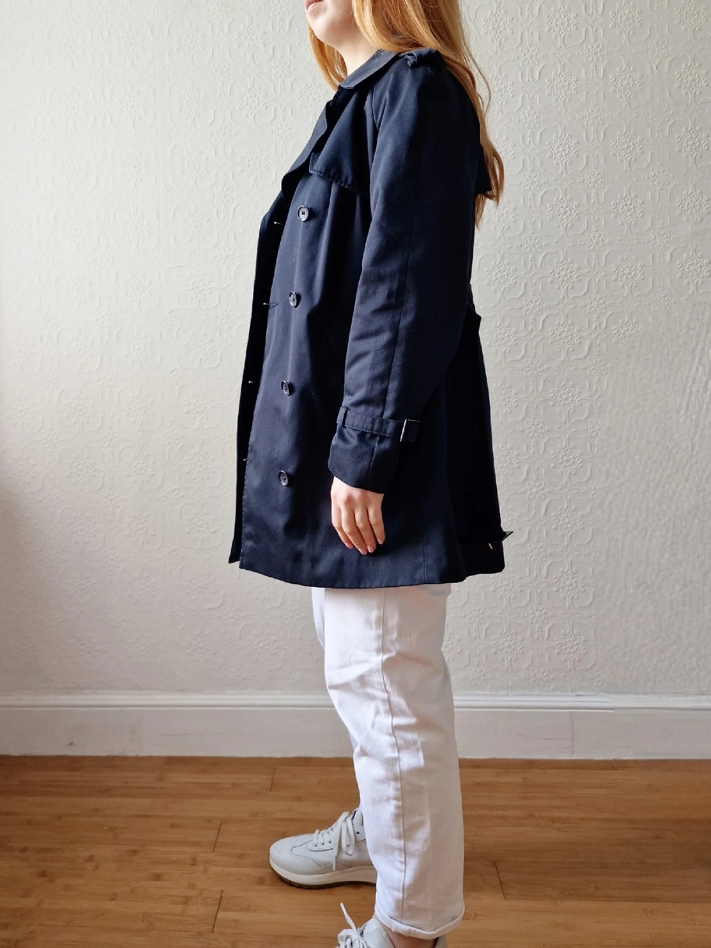 Vintage Black Double Breasted Medium Length Trench Coat with Belt by Dannimac - S - Image 4