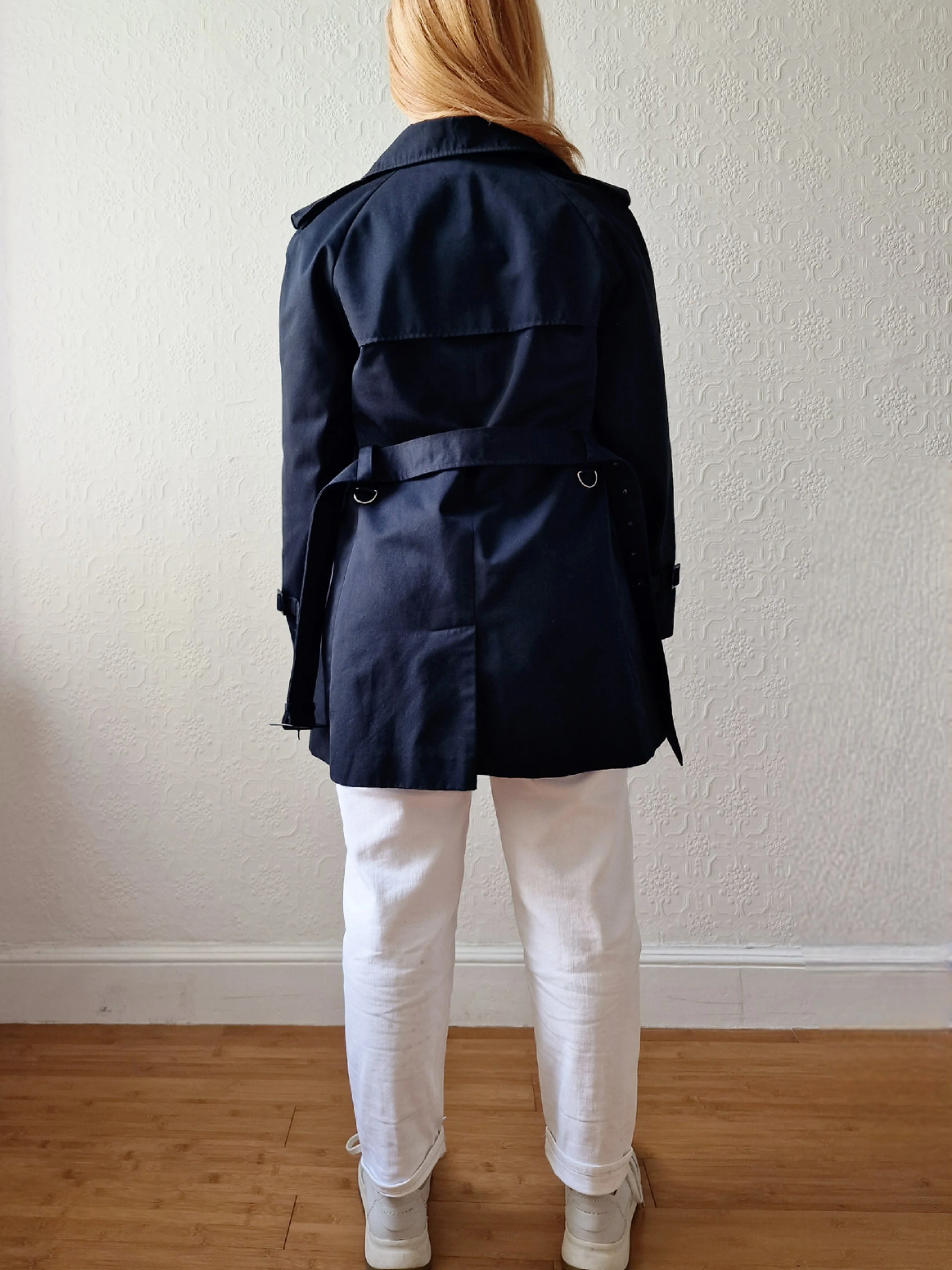 Vintage Black Double Breasted Medium Length Trench Coat with Belt by Dannimac - S - Image 5