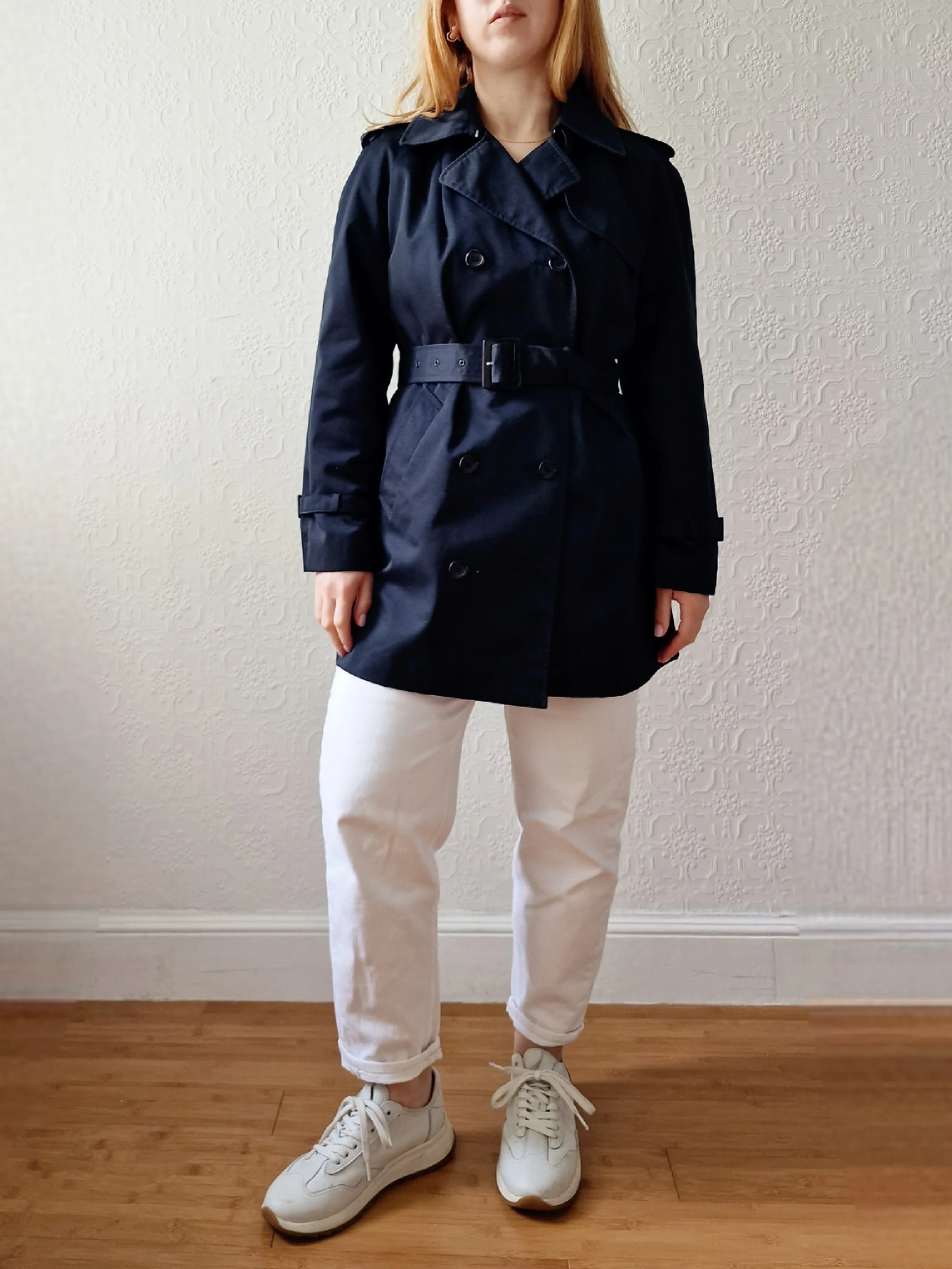 Vintage Black Double Breasted Medium Length Trench Coat with Belt by Dannimac - S - Image 6