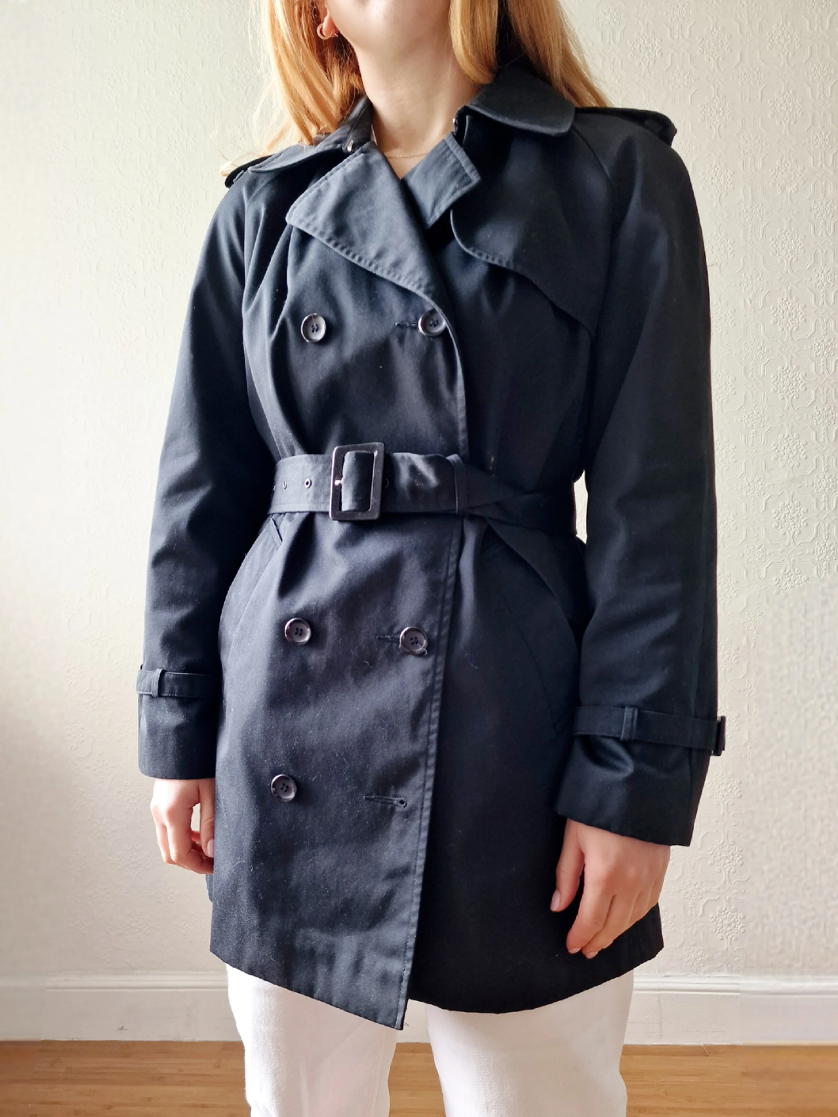 Vintage Black Double Breasted Medium Length Trench Coat with Belt by Dannimac - S - Image 7
