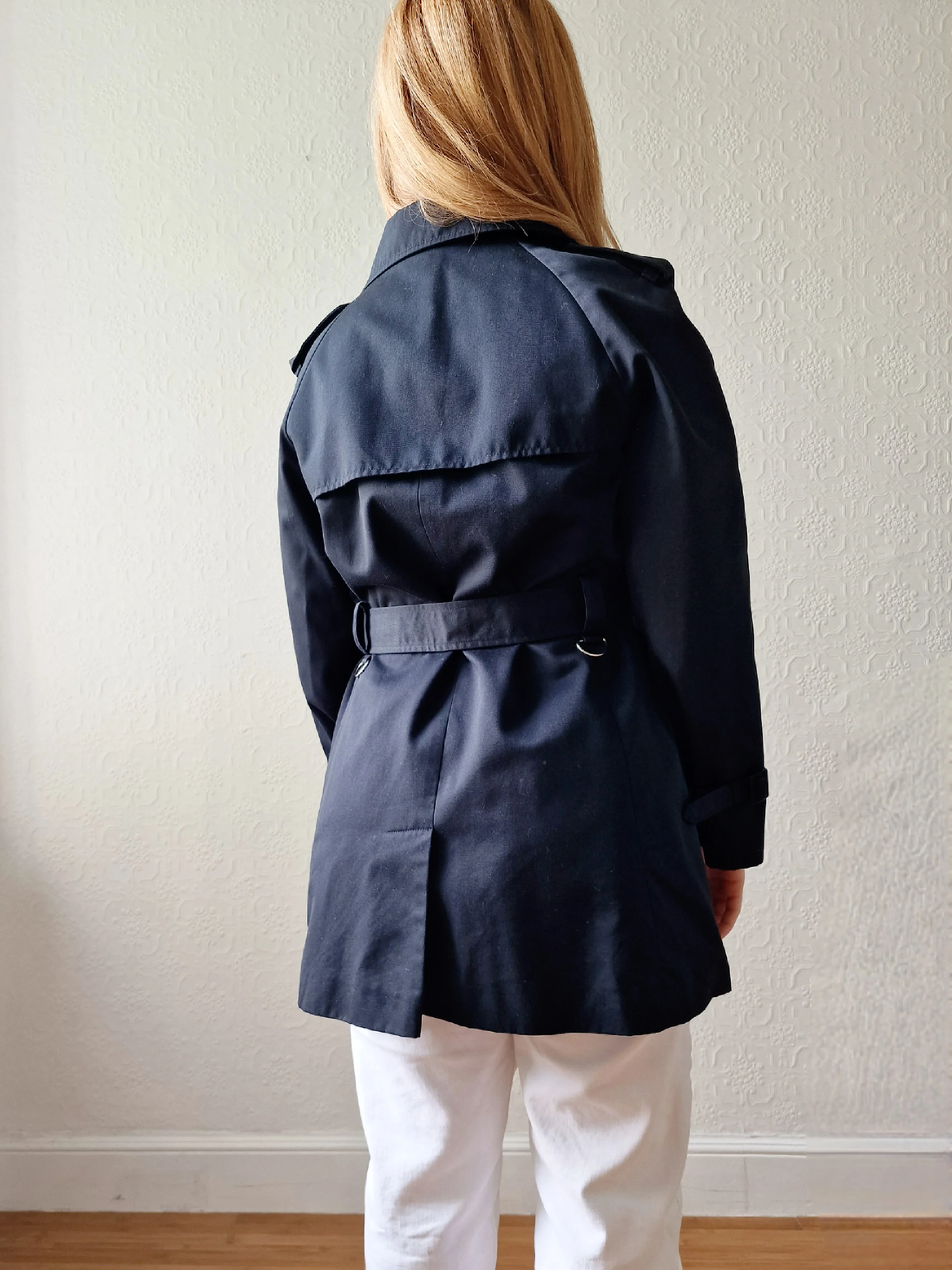 Vintage Black Double Breasted Medium Length Trench Coat with Belt by Dannimac - S - Image 8