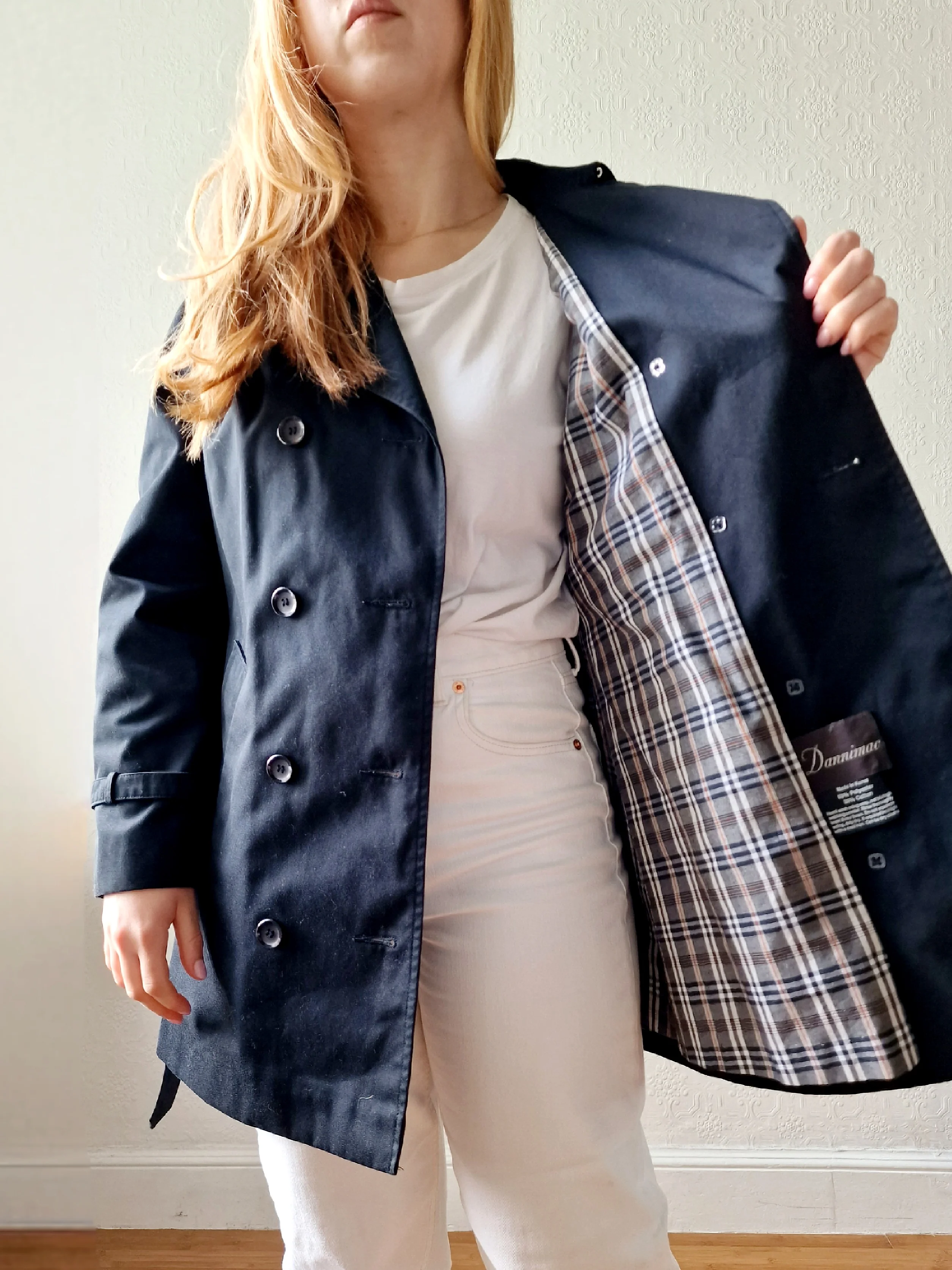 Vintage Black Double Breasted Medium Length Trench Coat with Belt by Dannimac - S - Image 9