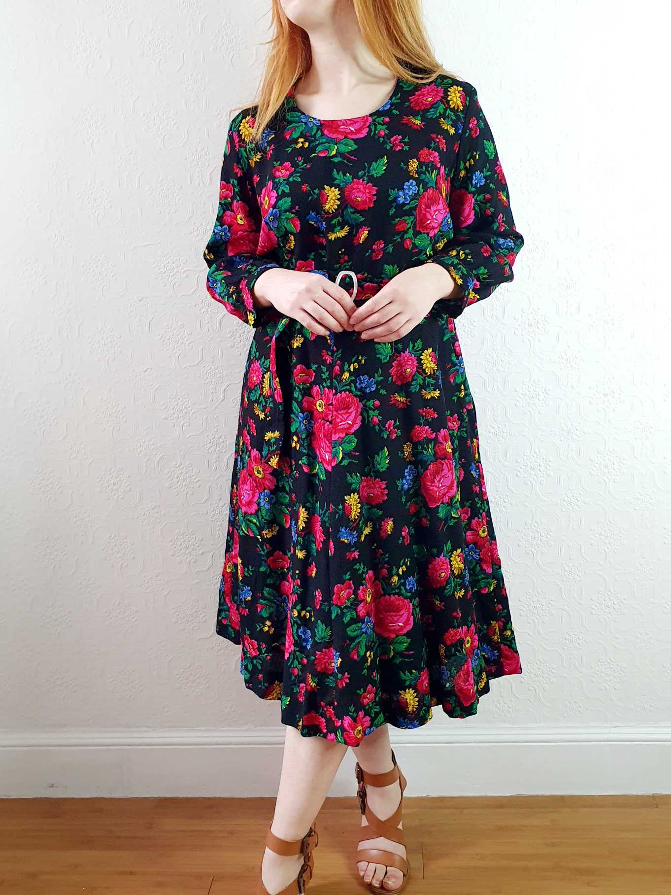 Vintage Black Floral 3/4 Sleeve Dress - L/XL