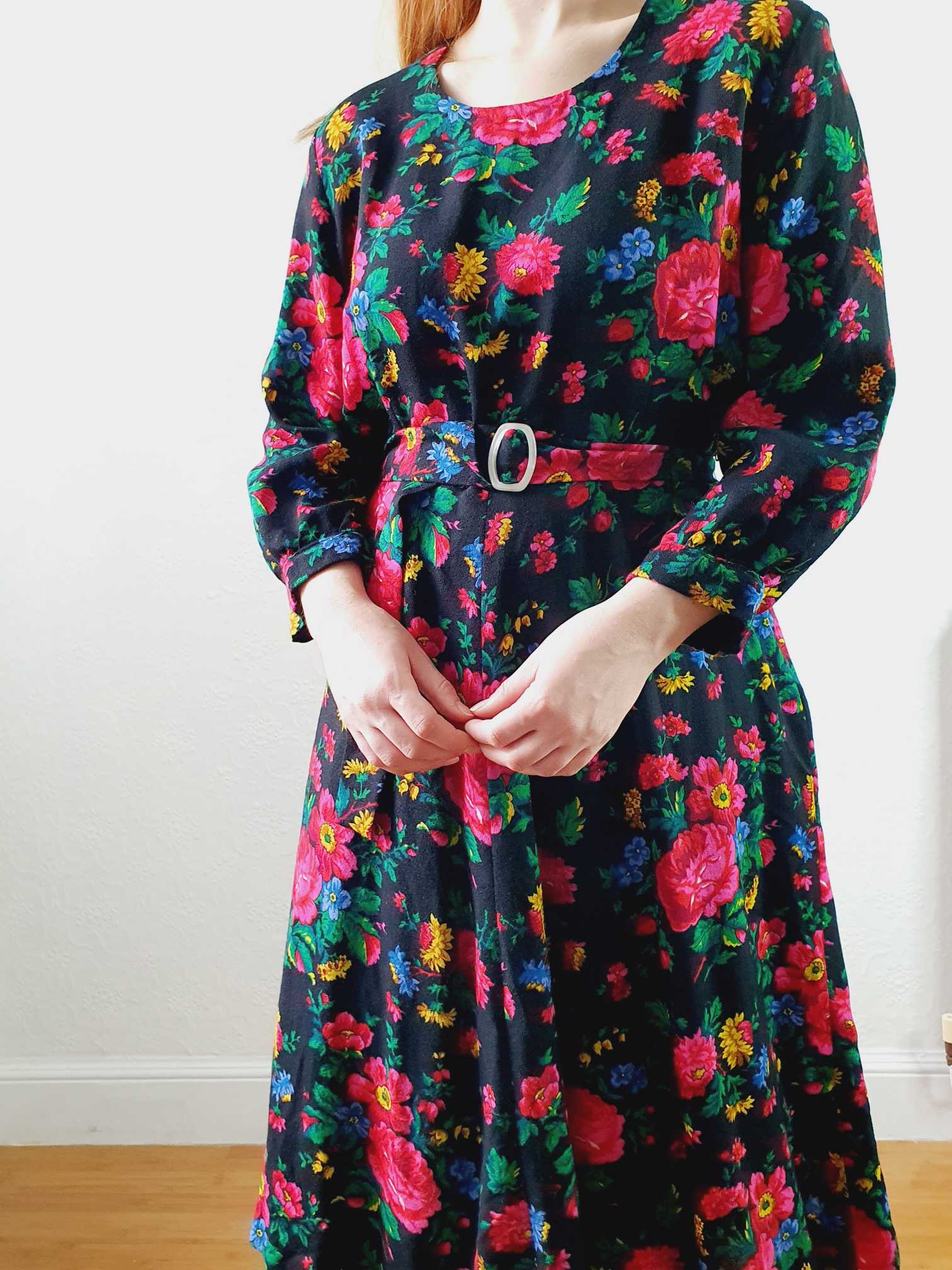 Vintage Black Floral 3/4 Sleeve Dress - L/XL - Image 10
