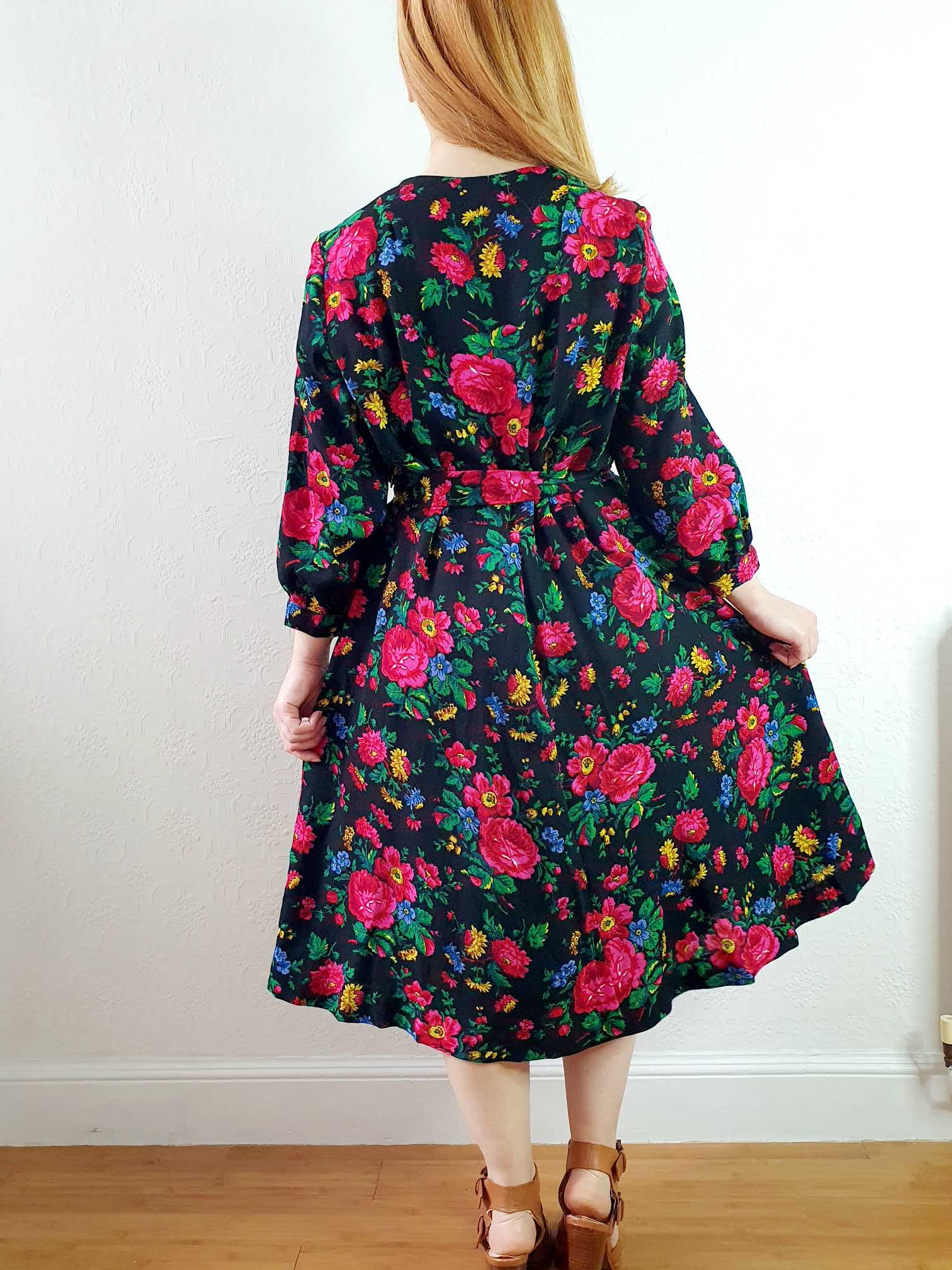 Vintage Black Floral 3/4 Sleeve Dress - L/XL - Image 11