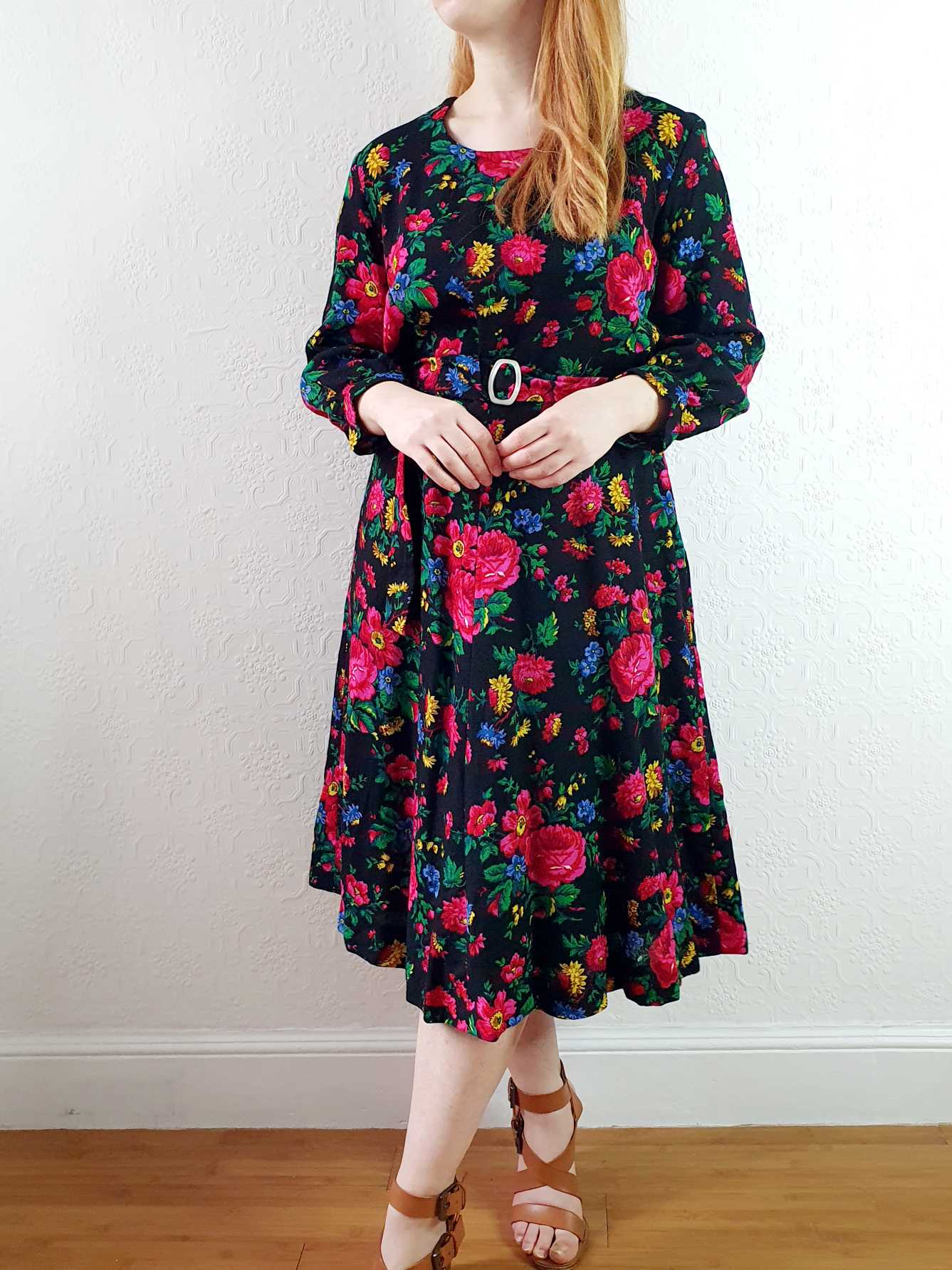 Vintage Black Floral 3/4 Sleeve Dress - L/XL - Image 2
