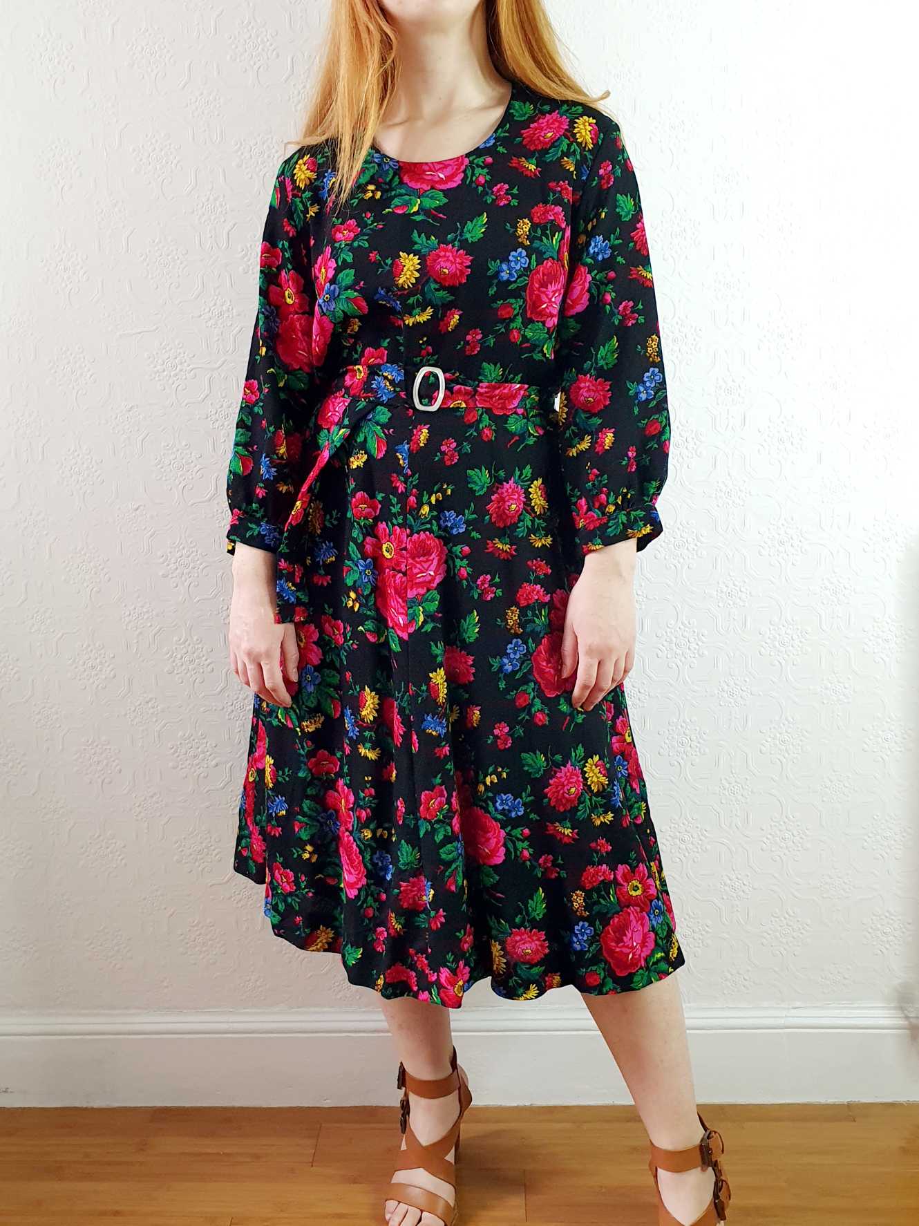 Vintage Black Floral 3/4 Sleeve Dress - L/XL - Image 3