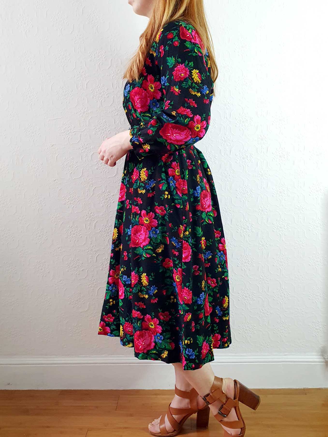 Vintage Black Floral 3/4 Sleeve Dress - L/XL - Image 4
