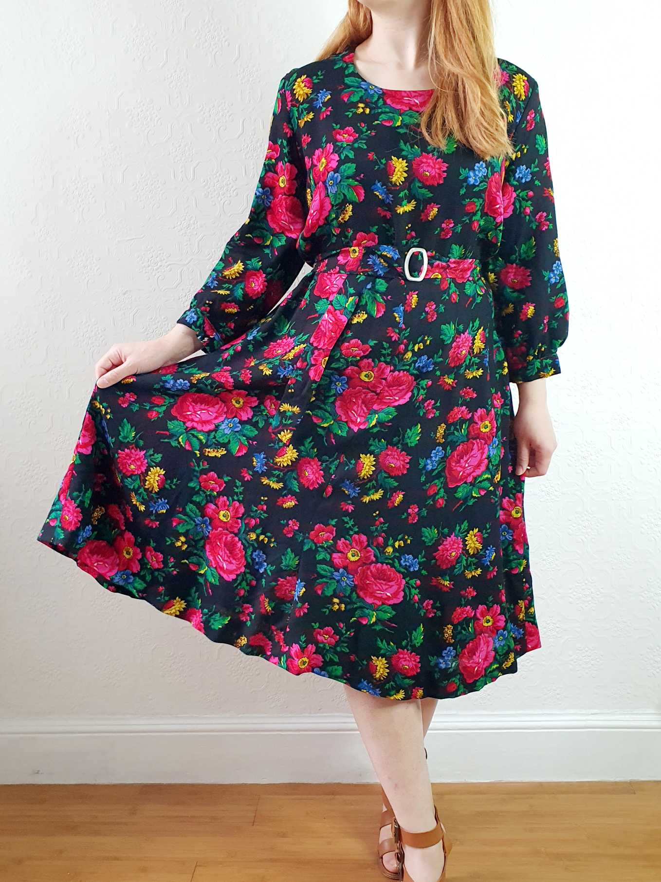 Vintage Black Floral 3/4 Sleeve Dress - L/XL - Image 5